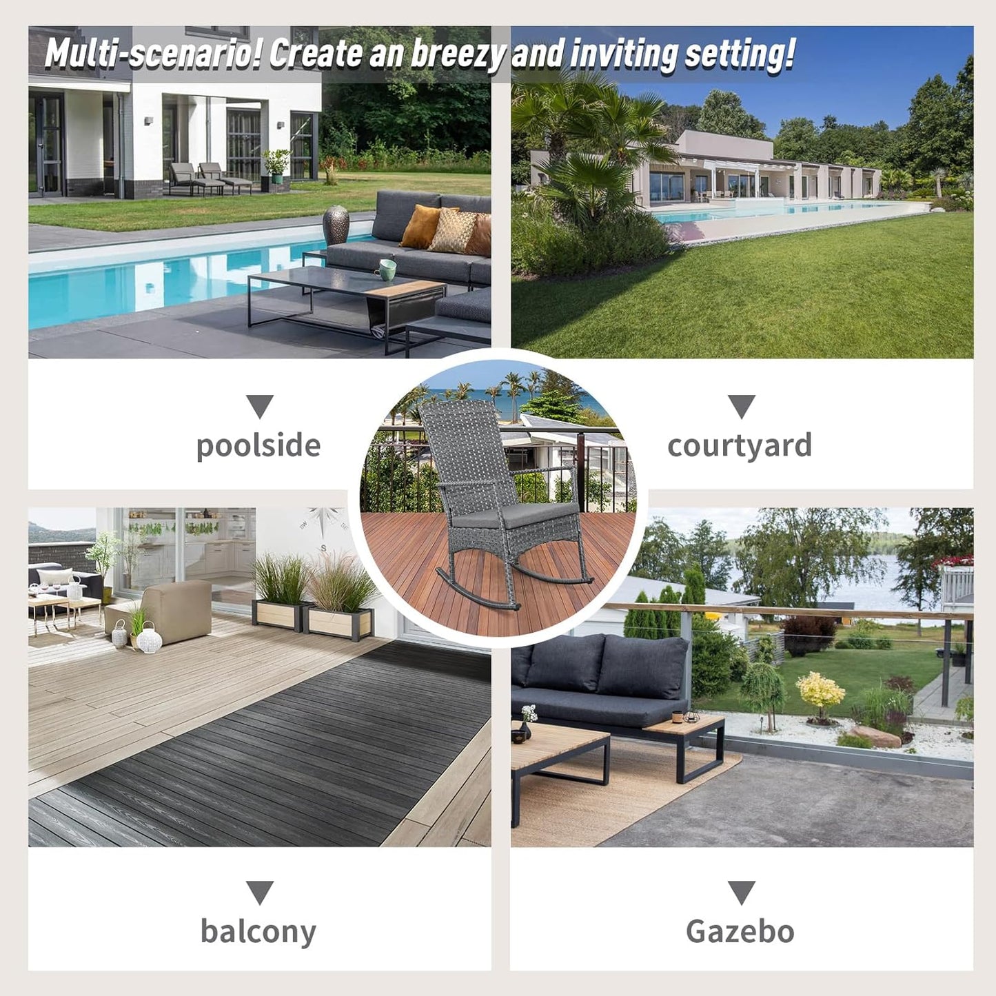 Outdoor Rocking Chair 3 Pieces High-Backed Rocking Chair Patio Rocking Chairs Outdoor Table and Chairs Anti-Slip Cushions Dark Grey