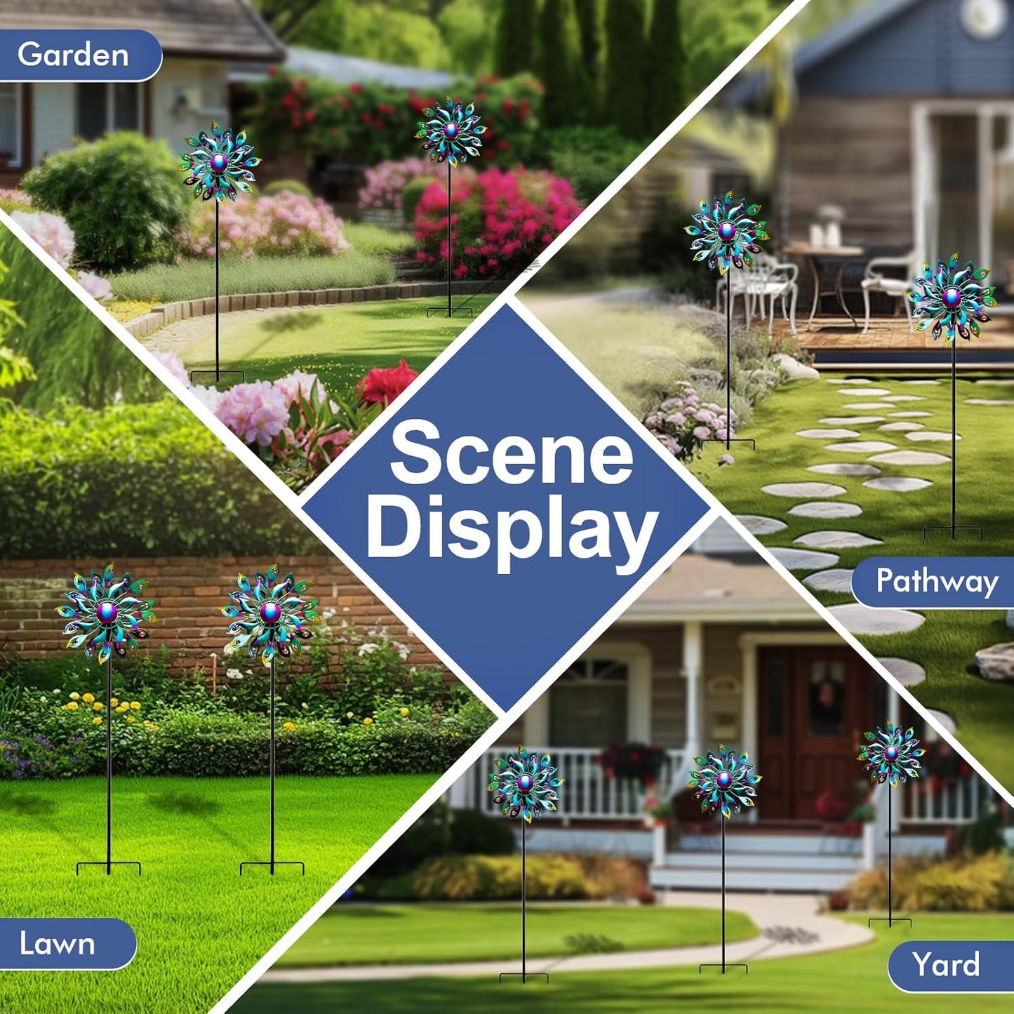 360°Peacock Solar Wind Spinner with Lights Blue Metal Garden Outdoor Decor Yard Lawn Art Decor for Patio Kinetic Windmills Unique Gifts for Friends and Family 51.9' H x 12.2'' Dia