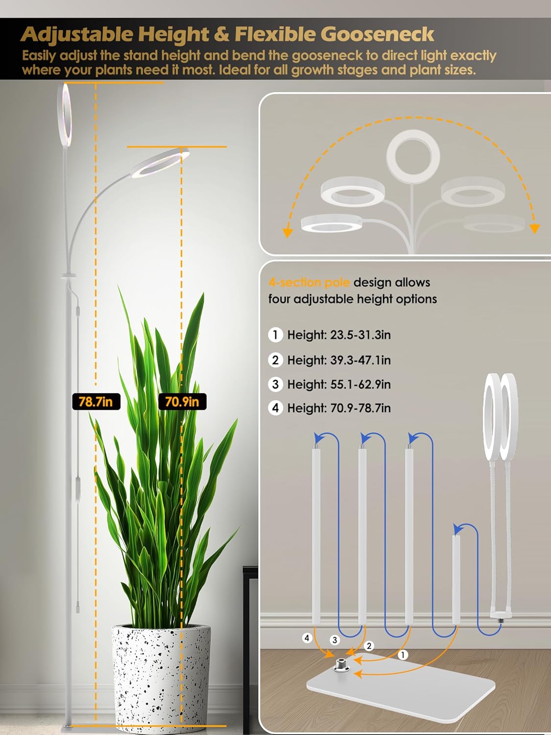 GLOWRIUM Grow Lights for Indoor Plants,Plant Light with 3/9/12/16H Grow Light Timer,2-Head 48W Full Spectrum LED Grow Light, 3 Lighting Mode and Stepless Dimming (White, 48W)