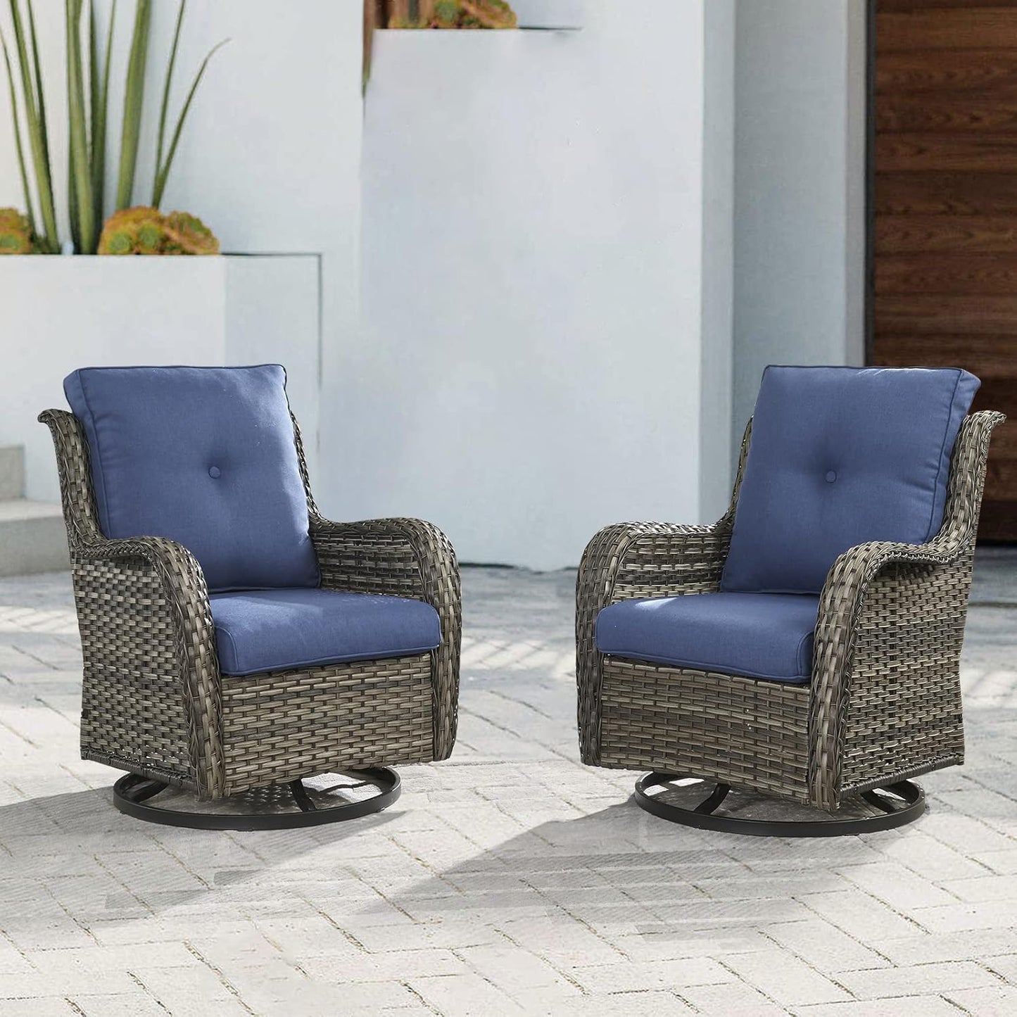 Outdoor Patio Swivel Rocker Chairs - Single Wicker Rattan Patio Swivel Rocking Chair with High Back,Deep Seating and Comfort Cushions for Deck Porch Garden,Mixed Grey/Blue