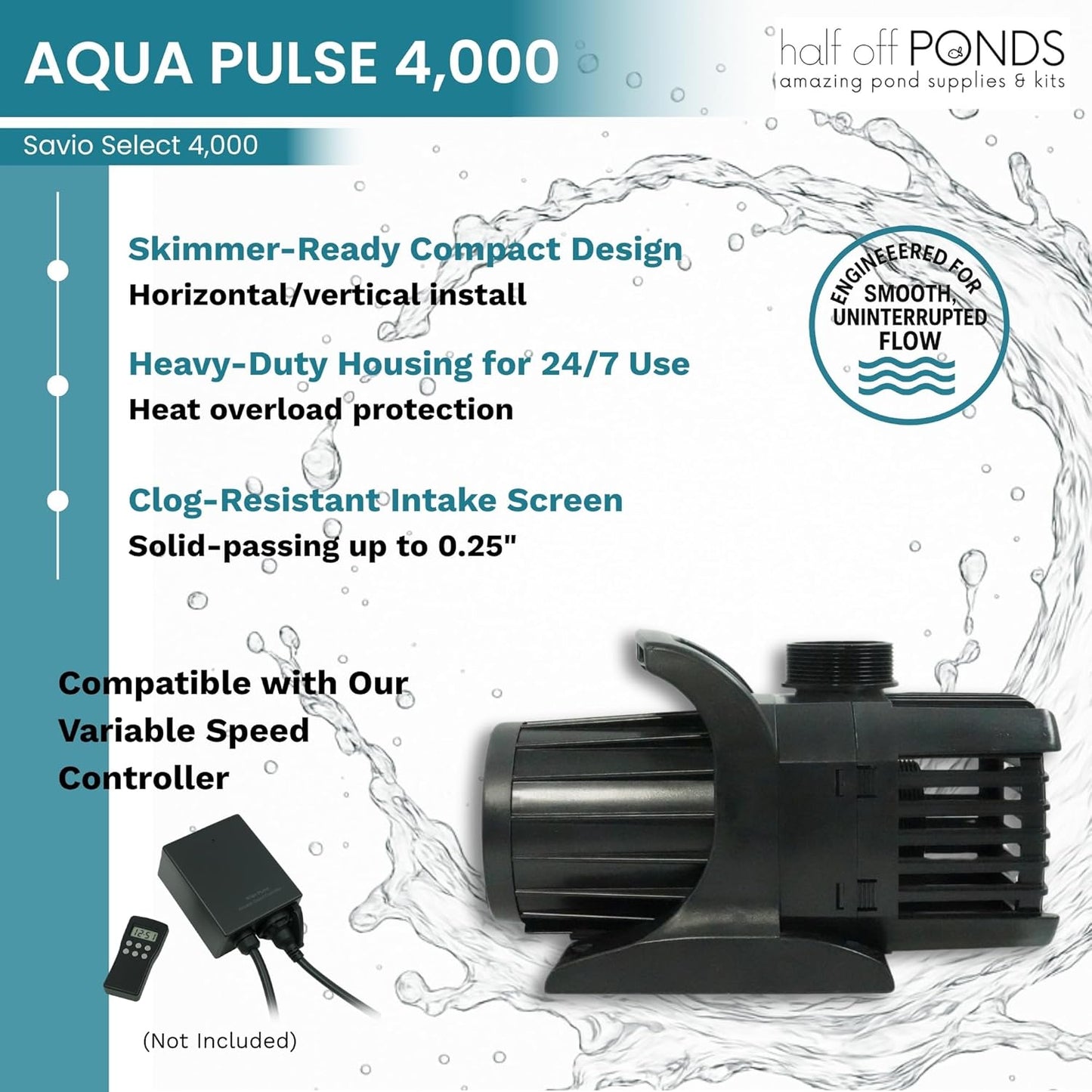 HALF OFF PONDS Savio Select 4,000 GPH Submersible Pump Pond Kit with 20' x 20' EPDM Rubber Pond Liner for Water Garden & Koi Pond