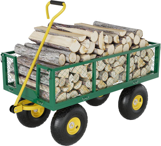 900 Lbs Garden Wagon, 2-in-1 Heavy-Duty Steel Garden Cart, with 10 Inch All-Terrain Tires and Removable Mesh Side Panels, 180° Rotating Handle, Metal Utility Yard Trailer, Outdoor Gardens Wagon Cart