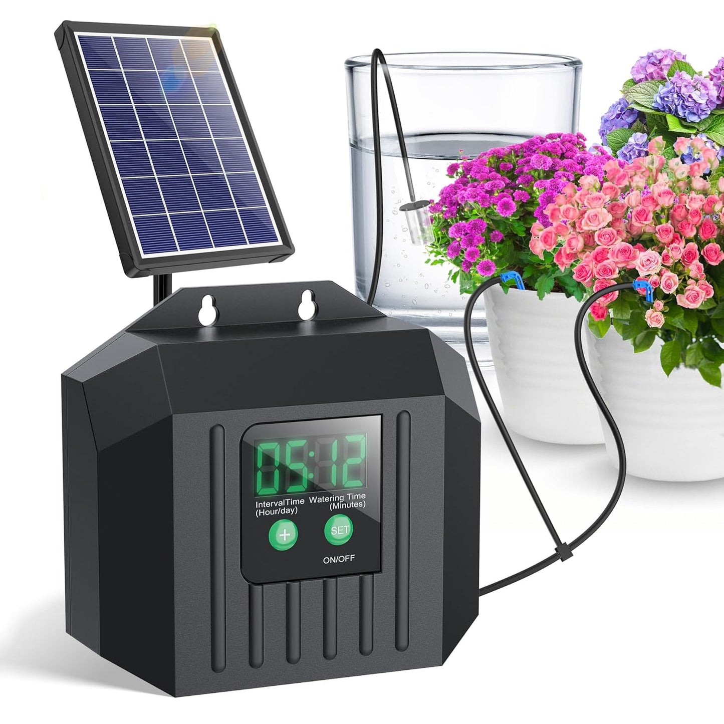 Biling 4W Solar Irrigation System for Garden, Digital Programmable Smart Watering with 2200mAh Battery, Solar Drip Irrigation System for 15 Potted Plants Outdoor Indoor Garden