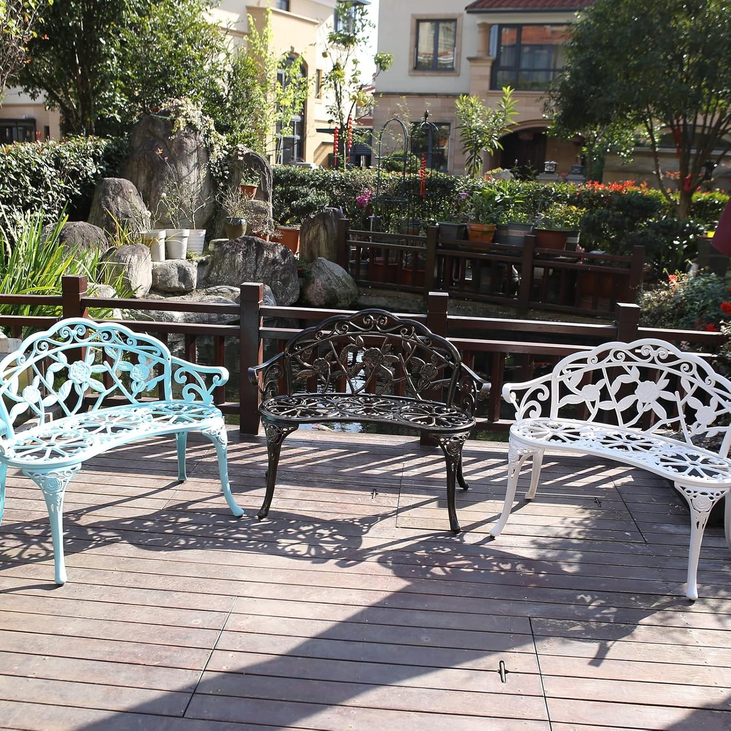 KAILI Garden Bench, Metal Aluminum Rose, Suitable for Garden Porch Park Front Porch Balcony Outdoor (Light Blue)