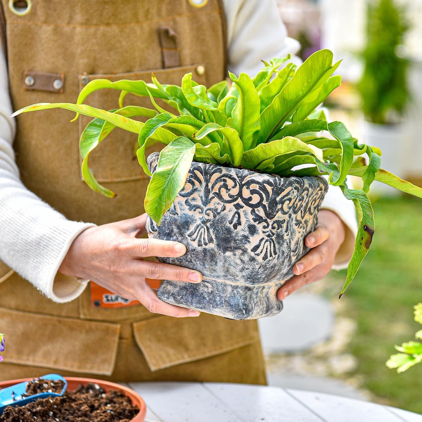 Sungmor 6.5 Inch Cement Plant Pot for Plants, Succulent Planter with Embossed Design, Vintage Concrete Flowerpots with Drainage Hole, Decorative Orchid Houseplant Pot Indoor Outdoor Plant Container