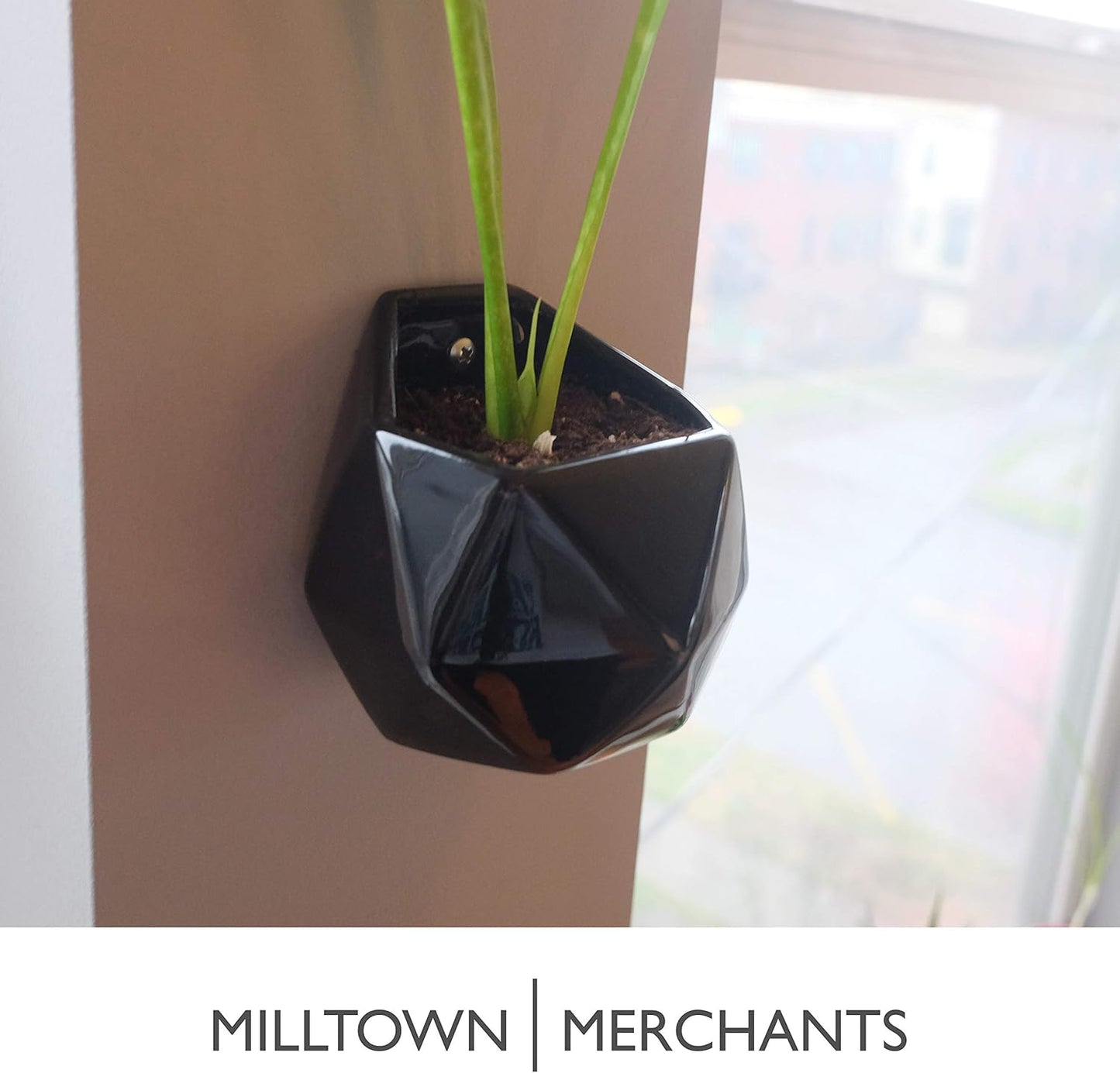 Milltown Merchants Succulent Wall Planter - Black Ceramic Mounted Planter - Succulent Plant Pot - Hanging Vase for Living Wall (1 Pack/Geometric/Black)