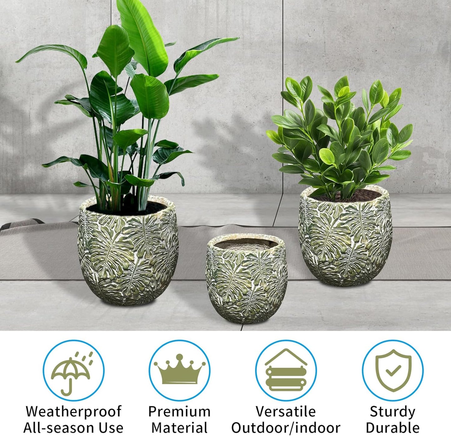 Craft flowerpots 18"+13"+9" Dia Round Concrete Planter Set of 3 Large Outdoor/Indoor Planter Pots Containers with Drainage Holes and Rubber Plug for Home Garden (Green, Large)