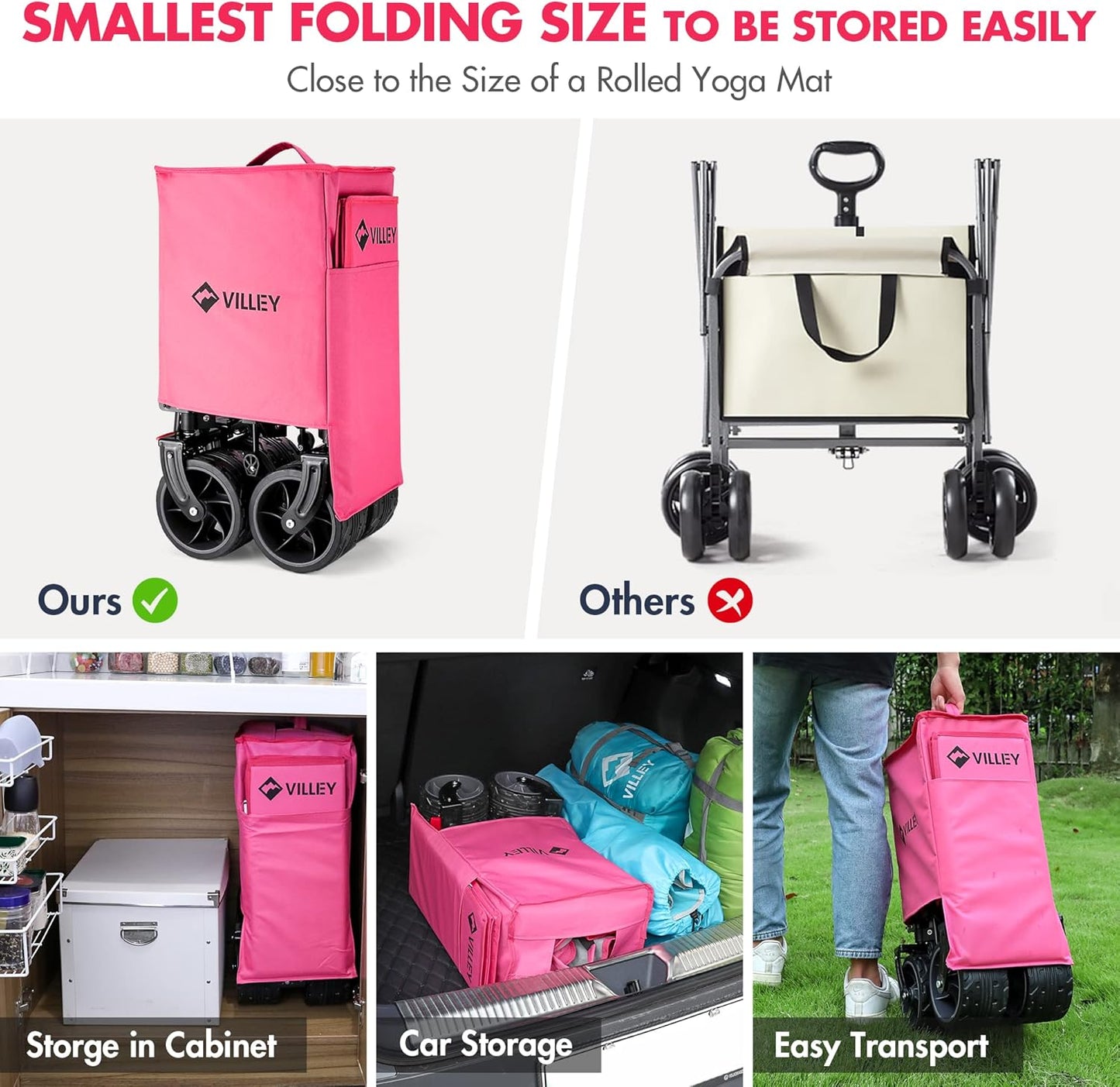 VILLEY Collapsible Folding Wagon with Big Wheels, Enlarged 225lbs Capacity, All Terrain Wagons Carts Heavy Duty Foldable, Portable Utility Garden Cart with 2 Cup Holders and Brake, Pink