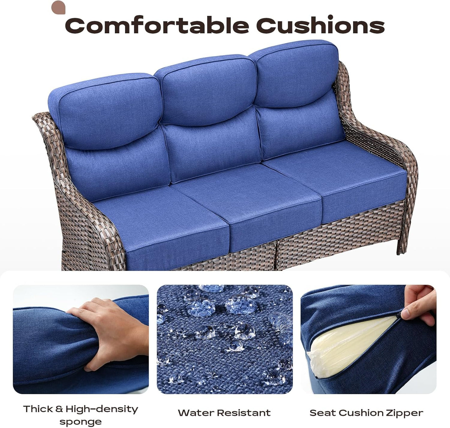 Wicker Outdoor Patio Furniture Set - 8 Piece Patio Conversation Sets with Swivel Rocker Chairs, Ottomans, Sofa and Coffee Table, 6 inch Cushions, Deep Seating, for Porch Deck Brown/Blue