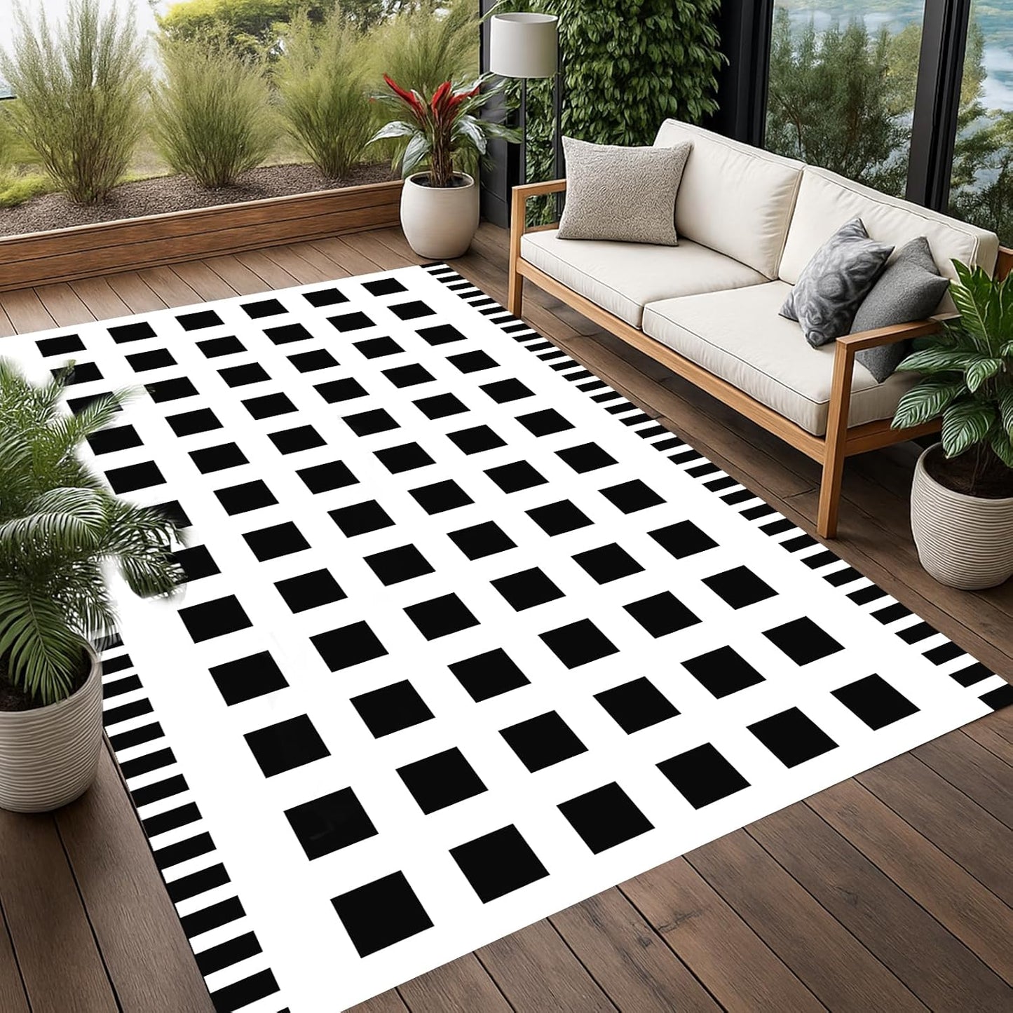 WILDROOTS 5x8 Feet Horizontal Edge Check Plastic Outdoor Rug, Stain Resistant Waterproof Reversible Outdoor Patio Rug, Fade Resistant Camping Rug