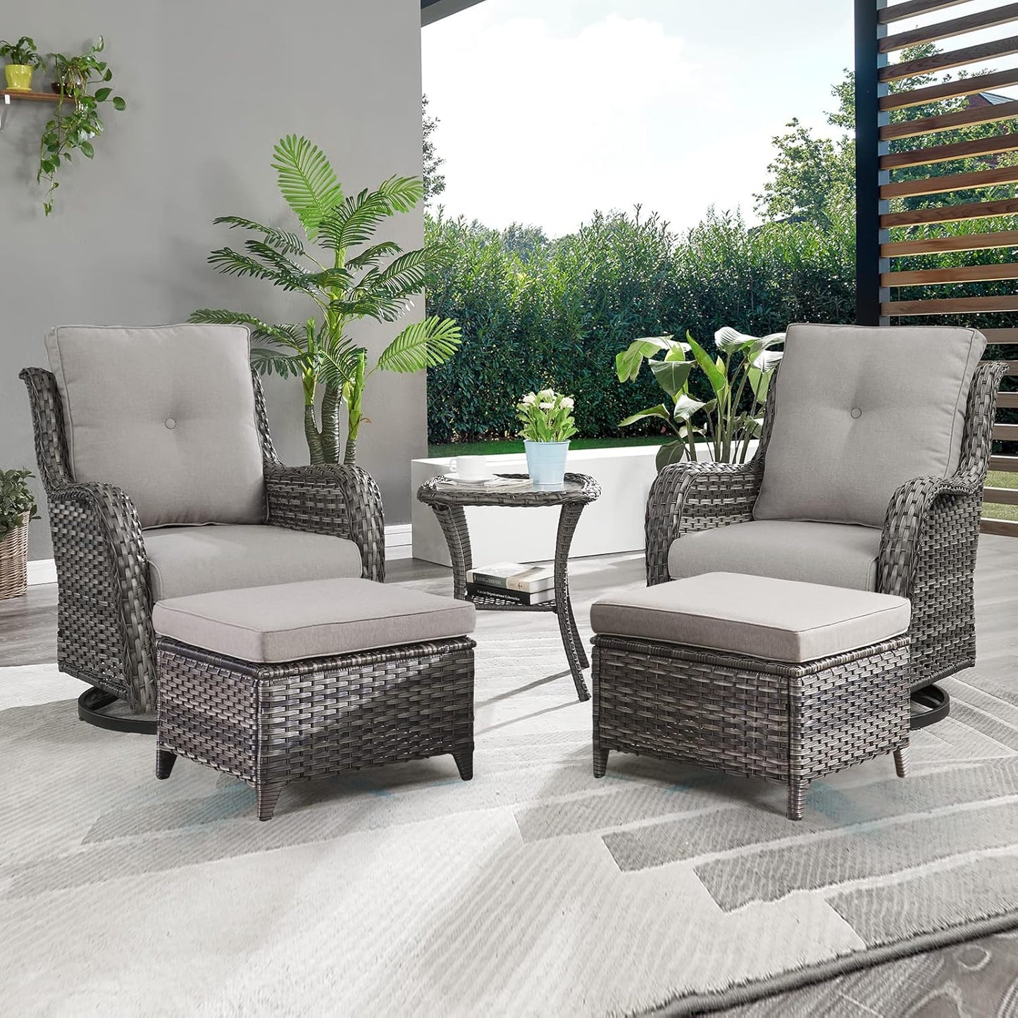 Outdoor Wicker Patio Furniture Set - 5 Pieces Rattan Patio Conversation Set with 2 Rocking Swivel Chairs,2 Ottomans and 1 Side Table for Porch Deck Backyard Garden(Mixed Grey/Grey)