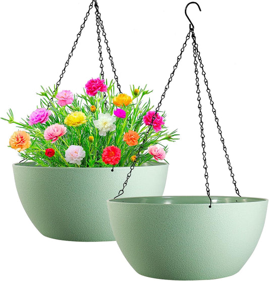 WOUSIWER 13 inch 2 Pack Large Hanging Planters for Indoor Outdoor Plants with Drainage Holes and Chain, Round Hanging Flower Pots for Garden Home Porch Decor, Green