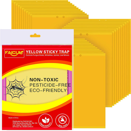 Faicuk Yellow Dual-Sided Sticky Fly Traps for Plant Insect Like Aphids, Fungus Gnats, Leaf Miners and White Flies (30 Pack)