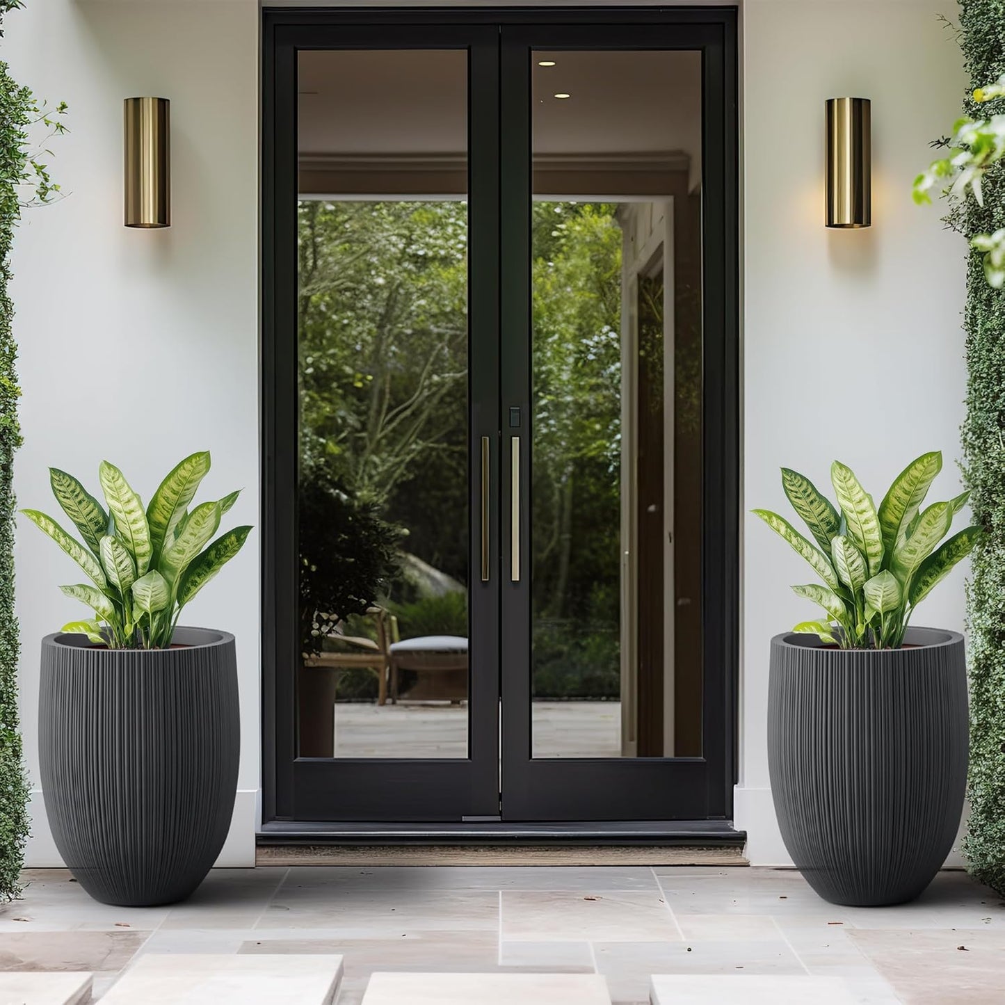 Kante Round Fluted Concrete Planter, 16.9-Inch Dia Barrel-Style Pot with Drainage Hole, Black Finish with Warm Brown Interior, 13.7" Opening, for Indoor and Outdoor Use