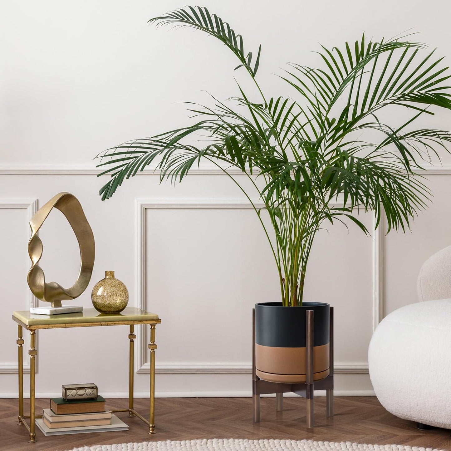 D'vine Dev Ceramic Planter with Walnut Color Stand - 10 Inch Modern Round Flower Pot with Wood Planter Holder, Black/Speckled Tan, 55-B-X-7