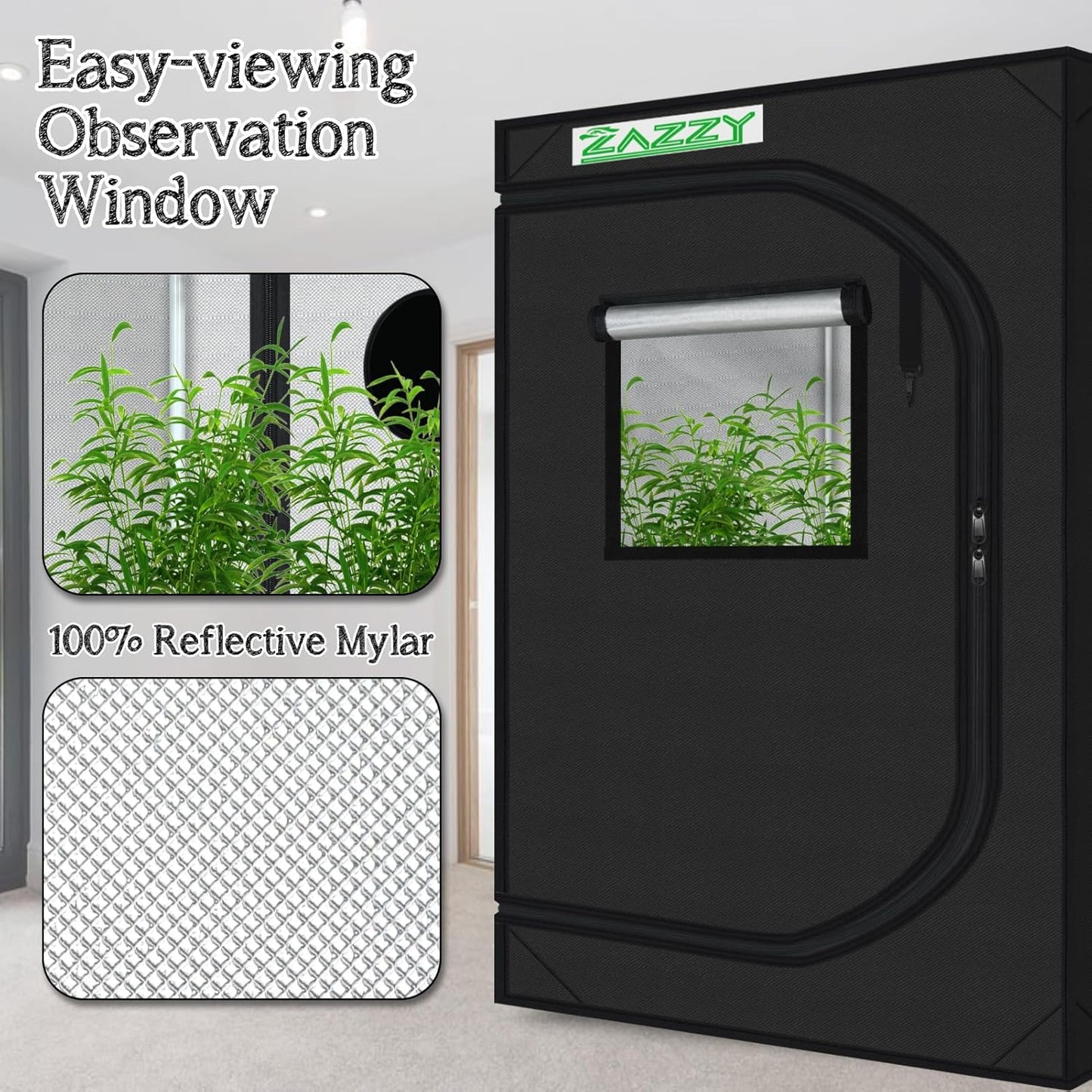 zazzy Indoor Grow Tent, 36"x60"x78" Mylar Hydroponic Plant Growing Tent with Observation Window and Waterproof Floor Tray for Plants Indoor