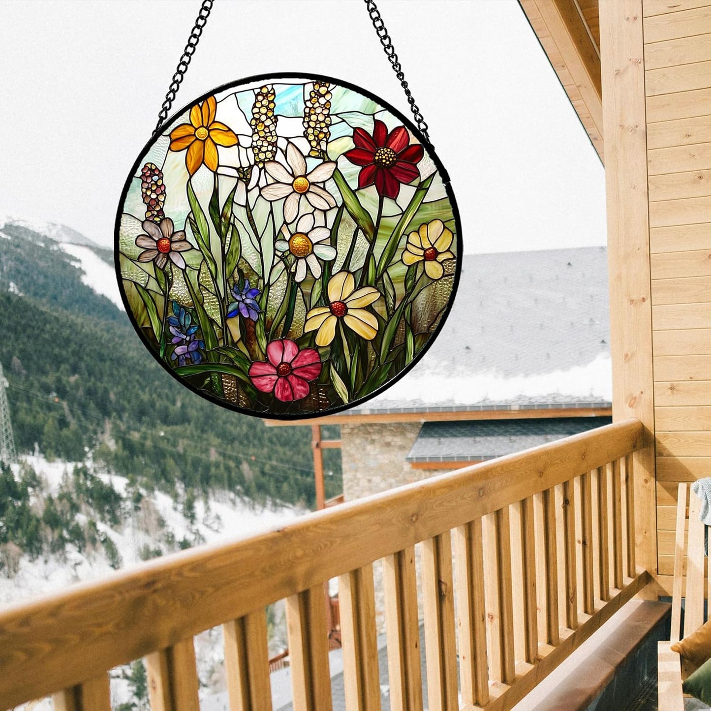 Stained Glass Window Hanging, Colorful Wildflowers Plant Scenery Suncatcher for Doors Window Home White Green Sun Catchers Decor Mother's Day Birthday Gifts for Women, Men Mom 15 in