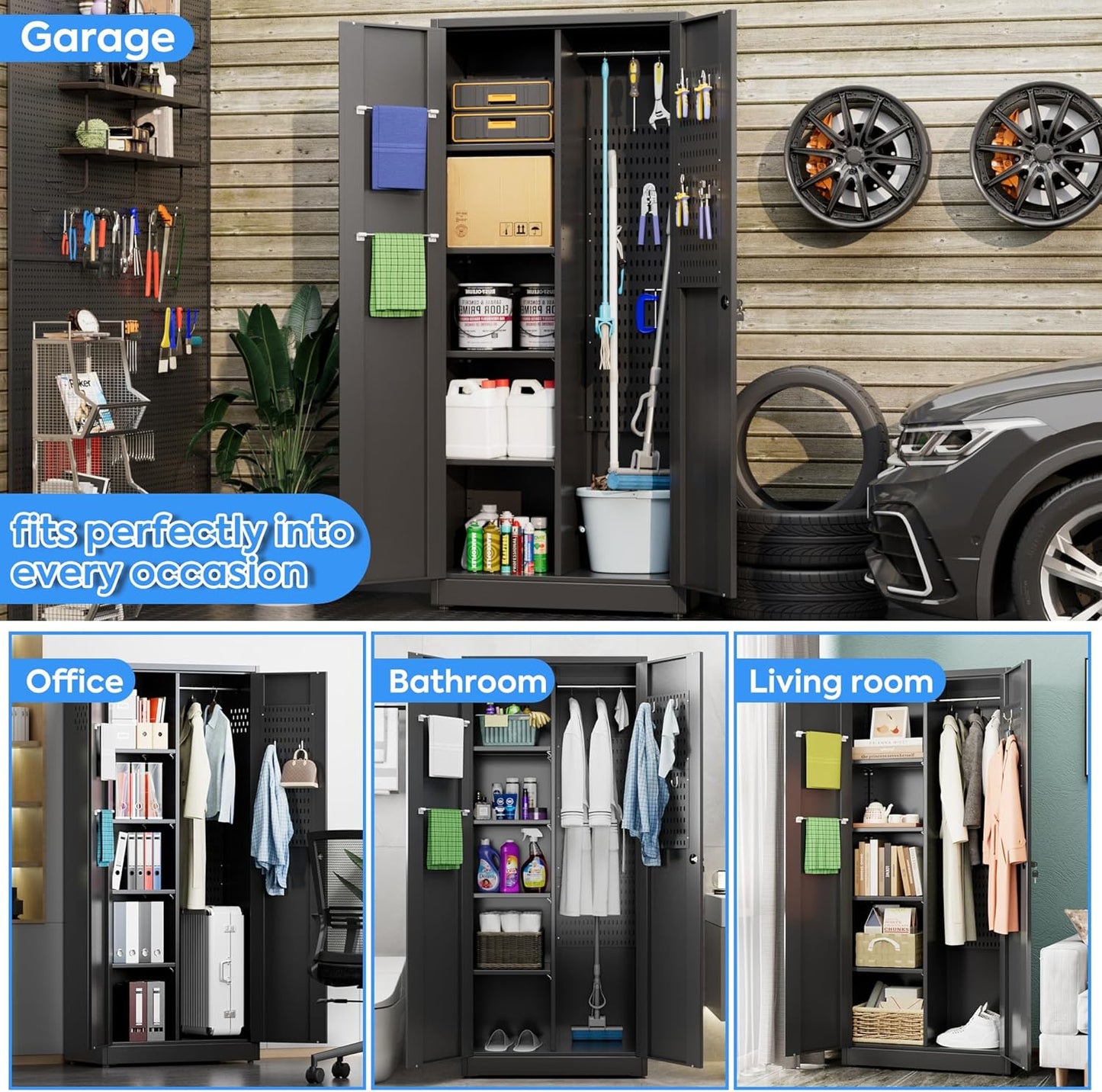 31.53 in Wide Garage Storage Cabinet, Metal Storage Cabinet with Pegboards and 4 Adjustable Shelves, Garage Storage System with Lockable Door for Offices, Gyms and Pantries, Black