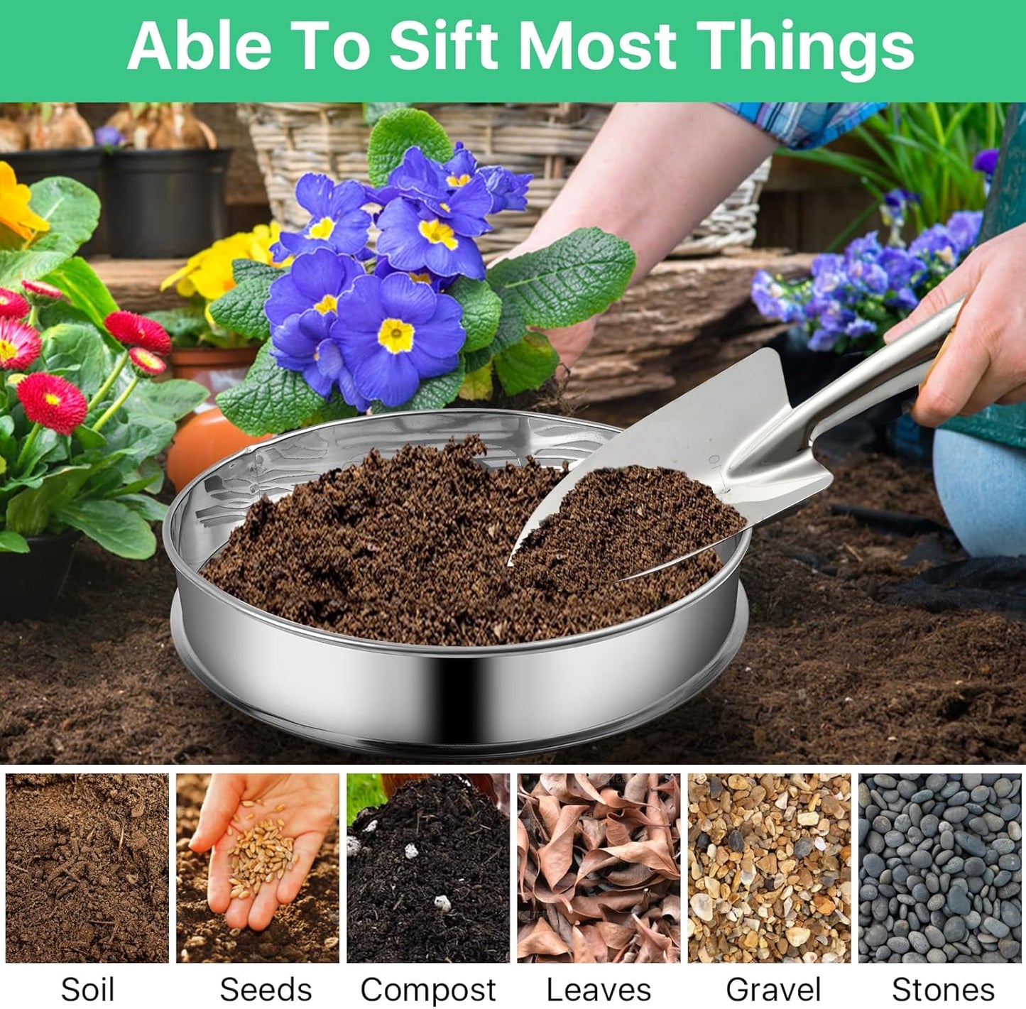 Soil Sifter for Gardening, Soil Sifter and Shovel Set, 11.8'' Stainless Steel Sand Sifter for Gardening, Dirt Sifter Strainer for Sand Rocks Dirt Seed Compost
