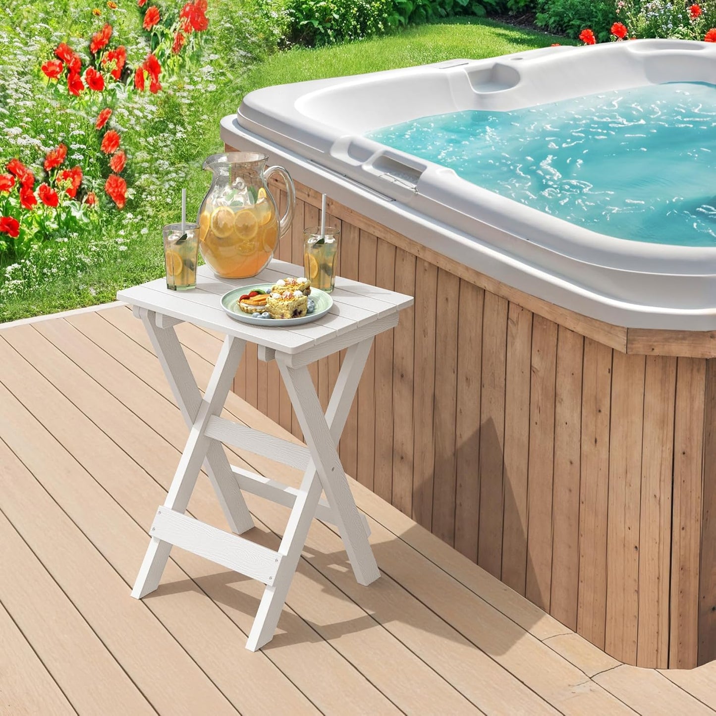 LUE BONA 27 inch Folding Side Table, HDPS Outside End Table for Patio, Porch, Deck, Pool, Weather Resistant, White