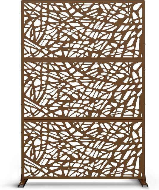 Metal Privacy Screen Outdoor 72" H×47" W,Freestanding Decorative Privacy Screen for Balcony Yard&Garden,Privacy Fence-Brown&Net