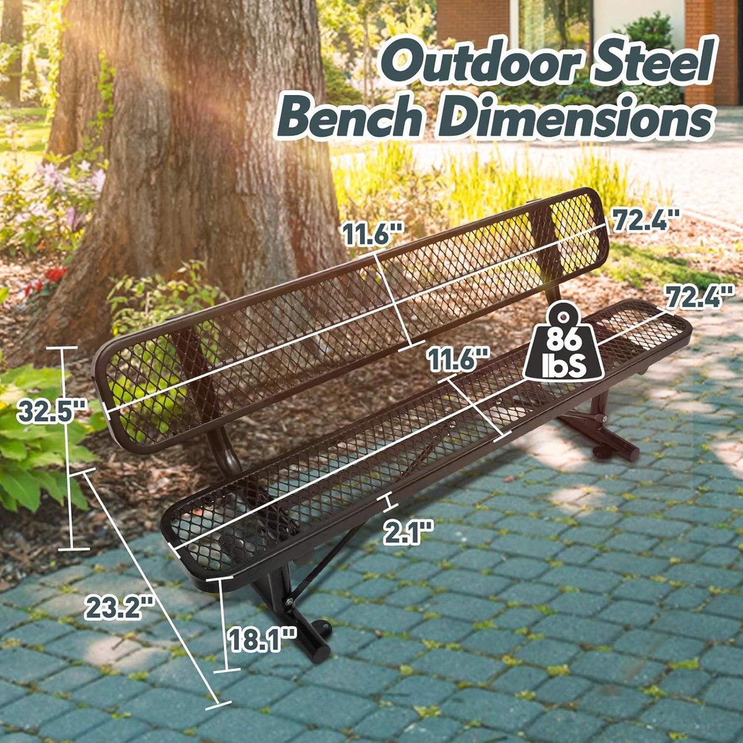 Thermoplastic Coated Iron Park Bench for Outside, Heavy Duty Metal Garden Bench, Expanded Commercial Grade Seating for Shopping Malls, Lawn Yard Porch Entryway (Black with Backrest, 72IN)