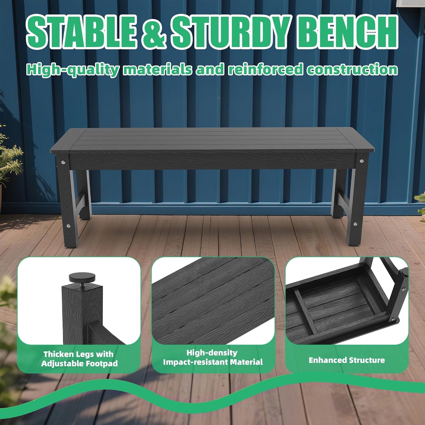 51" HIPS Outdoor Bench Weatherproof,All-Weather 2-Person Patio Dining Bench Holds up to 800LBS,Poly Lumber Garden Bench,Never Rot or Fade, Park Bench with Wood Grains for Porch, Garden, Deck, Entryway