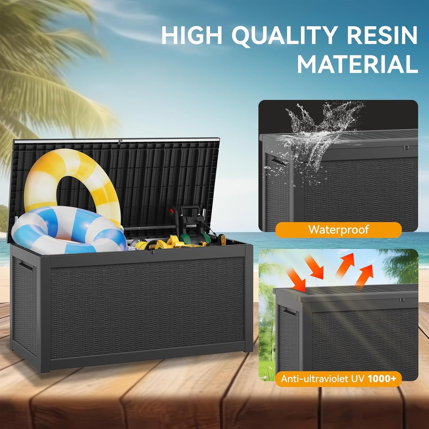 KAMABOKO 260 Gallon Outdoor Storage Box, Resin Deck Boxes Indoor and outdoor, Waterproof Storage Box Lockable Lid for Garden Tools, Package Delivery, Patio Cushions, Black