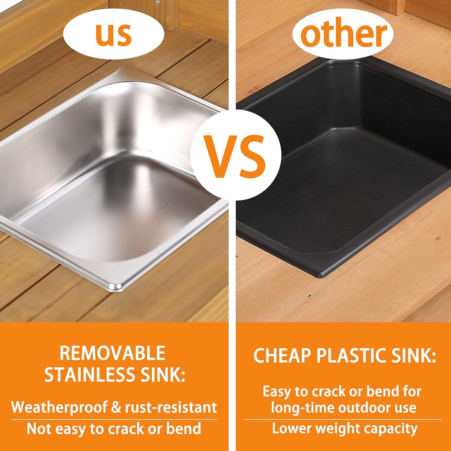 MUPATER Potting Bench Garden Table for Outdoors with Removable Stainless Sink, Planting Work Bench with Storage Shelves and Drawer, Natural Wood