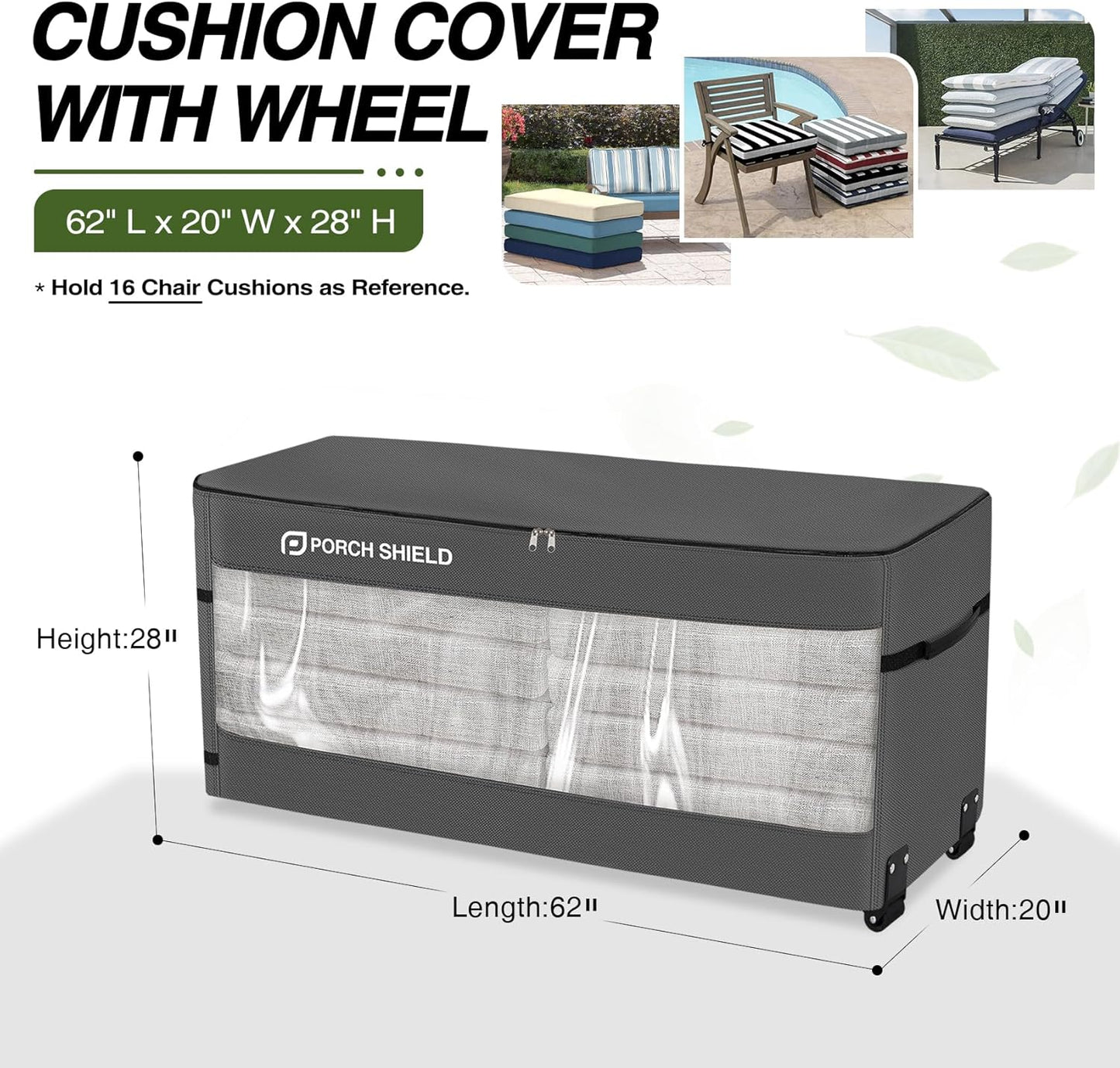 Porch Shield Rolling Cushion Storage Bag with Wheel - Heavy Duty Large Container for Furniture Pillow 9 Ft Tree Christmas 62" L x 20" W x 28" H