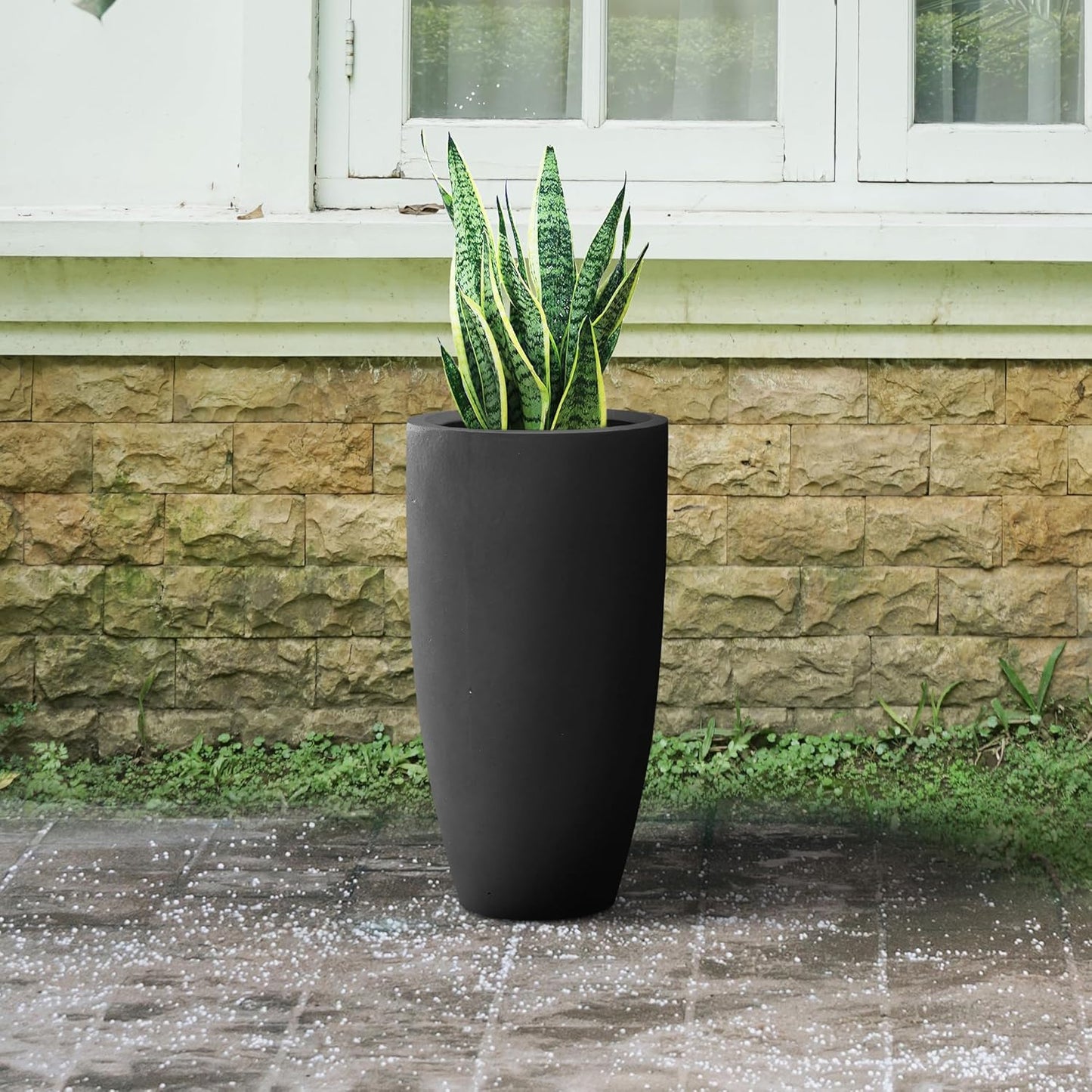 Kante 23.6" H Black Finish Concrete Tall Planters Large Outdoor Indoor Decorative Plant Pots with Drainage Hole and Rubber Plug, Modern Tapered Style for Home and Garden