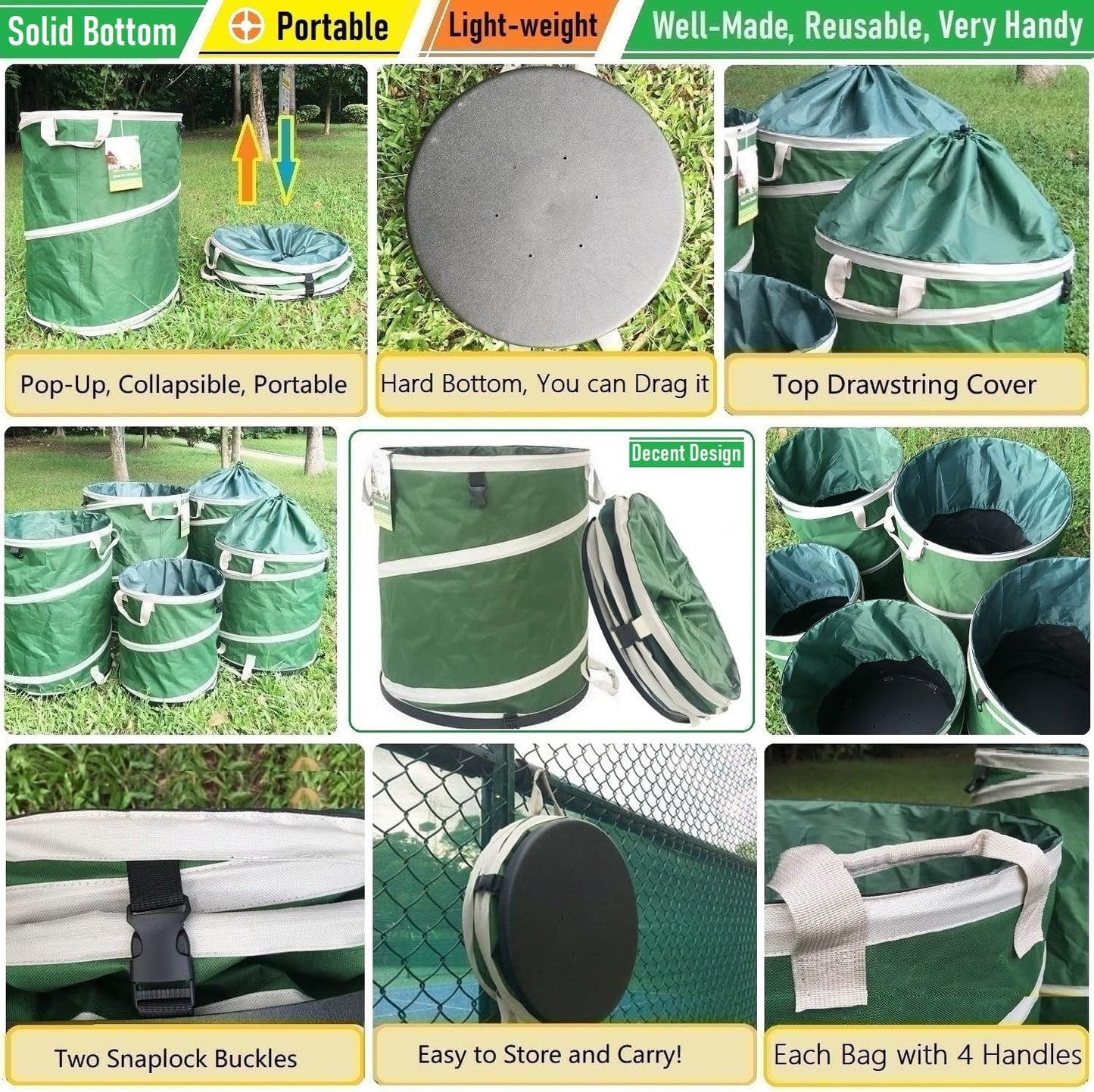 46-Gallon Collapsible Trash Can (22x28 in) Hard-Shell Bottom Yard Garden Bag for Yard Waste,Debris Container,Pop-Up Recycling Bin,Camping Waste Bag,Laundry Hamper,Lawn Grass,Leaf Bag,Sods,Weeds Barrel