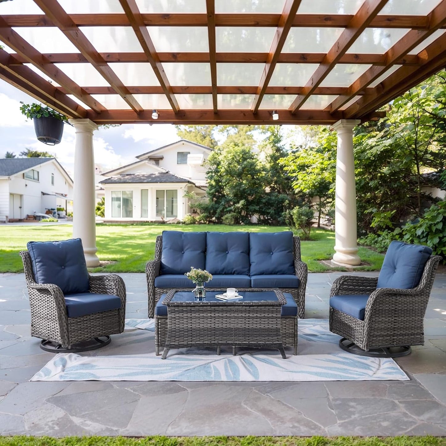 Wicker Outdoor Furniture Patio Furniture Set - 6 Piece Patio Conversation Set with Swivel Rocker Chairs, Rattan Sofa, Ottomans and Coffee Table, Blue Cushion