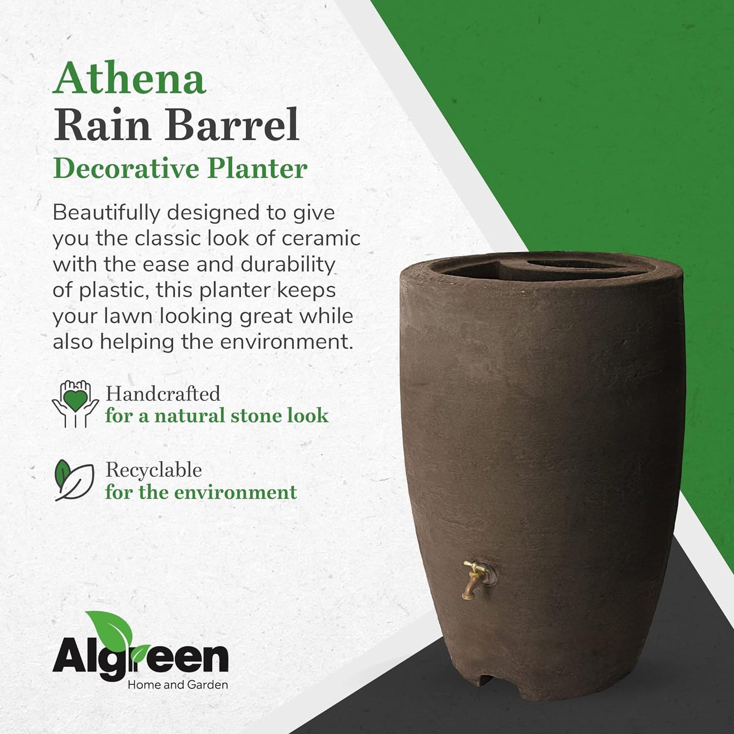 Algreen Plastic Rain Barrel, 50 Gallon Drum - Rainwater Tank w/Brass Spigot & Screen Guard for Rain Water Collection & Storage - Athena, Brownstone