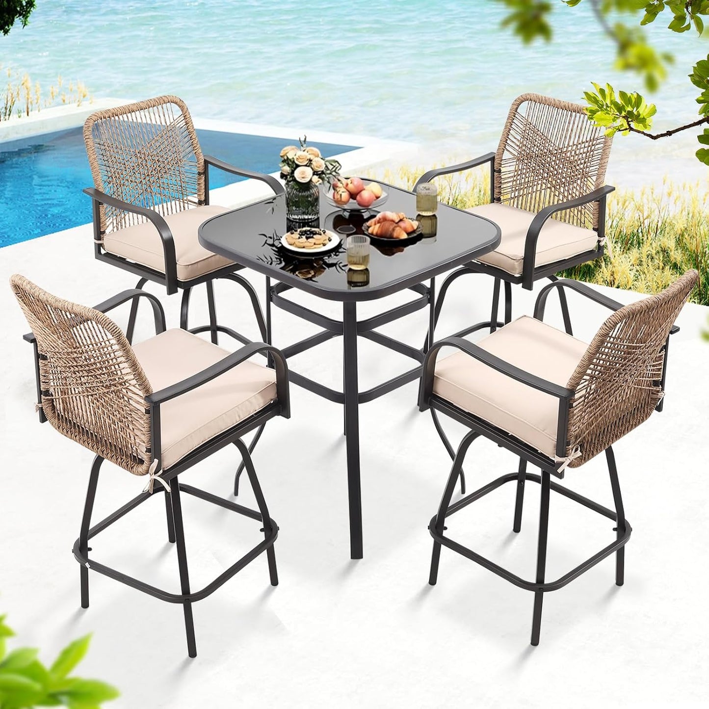 Outdoor Bar Stools Set of 4, Patio Swivel Counter Height Rattan Bar Stools, Patio Wicker Bar Swivel Chairs with Cushion, Outdoor Pool Bar Chairs for Backyard Garden Balcony w /360 Rotation