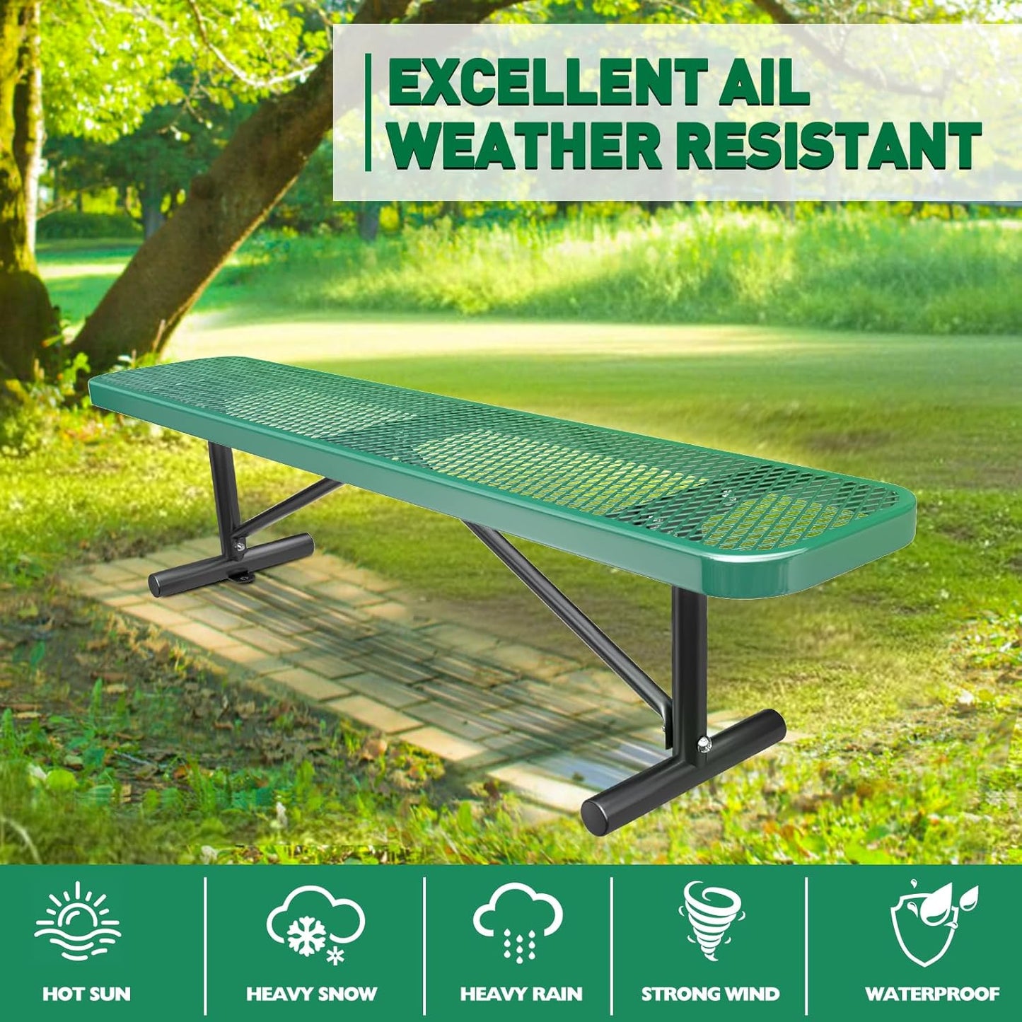 Heavy-Duty Park Bench or Table for Outside - Black Coated Outdoor Furniture Steel Bench, Commercial-Grade Outdoor Benches Weatherproof for Park, Patio, Porch (Green, 6FT (Without Backrest))