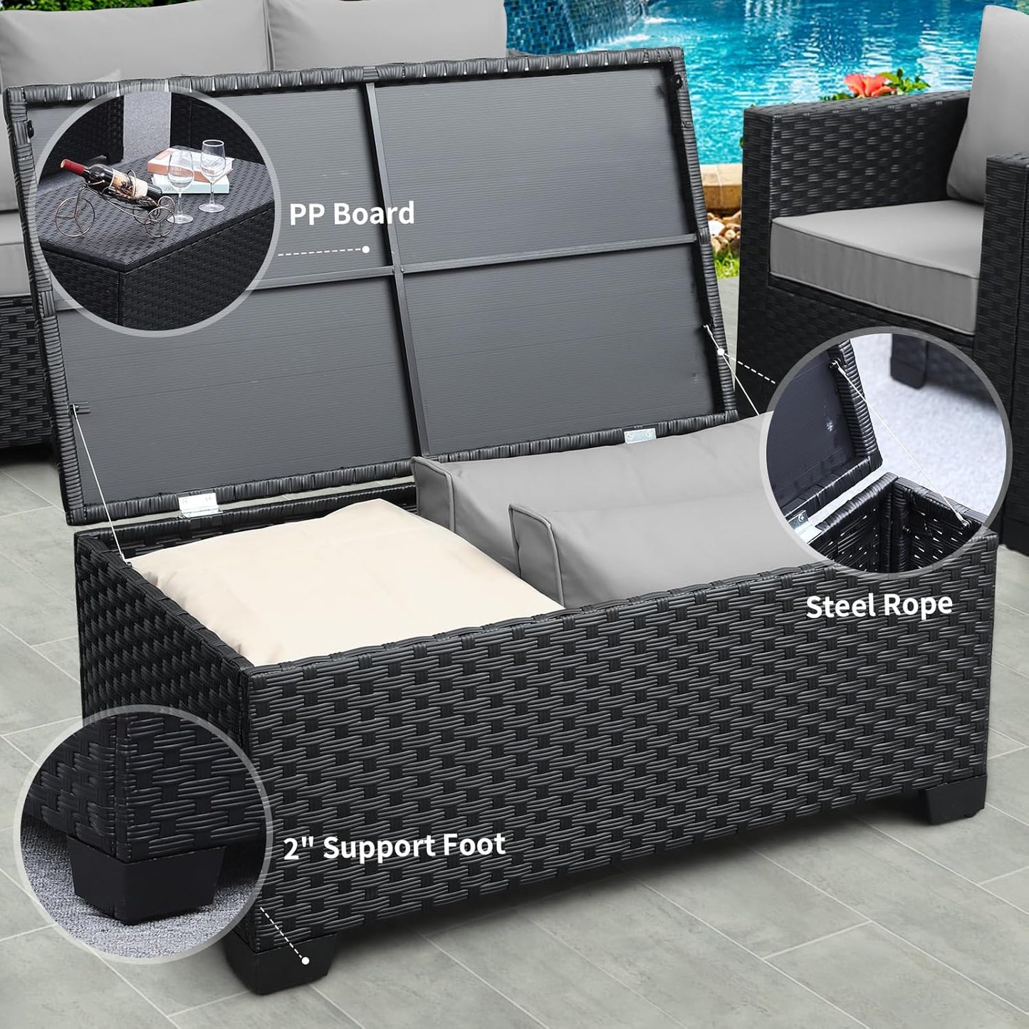 Rattaner Patio Coffee Table with Storage Wicker Outdoor Coffee Table and All-Weather Wicker Side Table with Waterproof Cover, Black