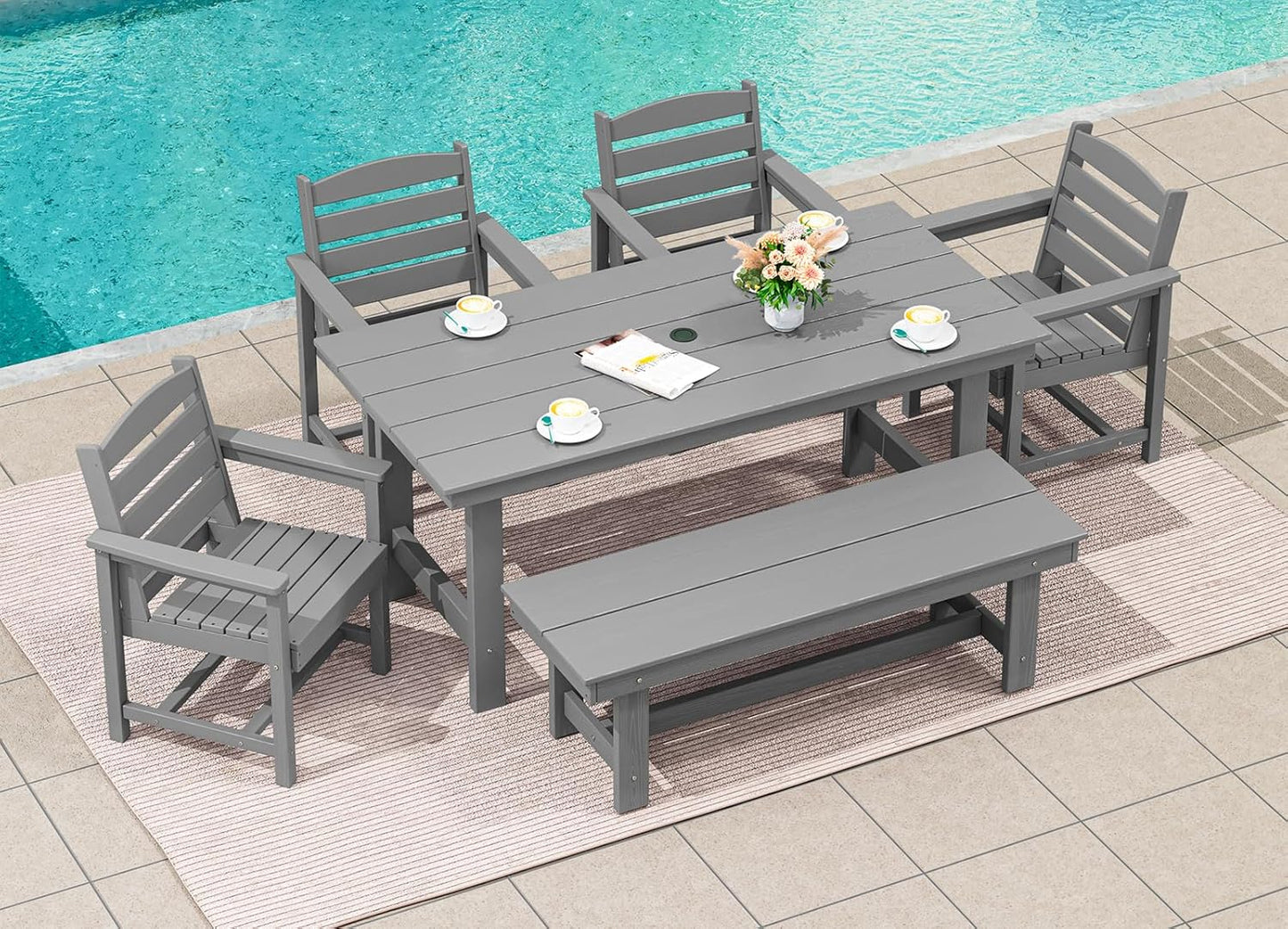 SERWALL 67" Outdoor Dining Table - HDPE All-Weather Rectangular Patio Table with Umbrella Hole, Gray