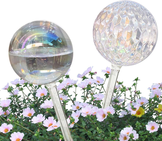 Glass Plant Watering Globes, Water Plants While Away Slow Self Watering Planter Insert Bulbs for Outdoor Indoor Plants, Vacation Plant Watering System Devices (Iridescent Medium 2-Pack)