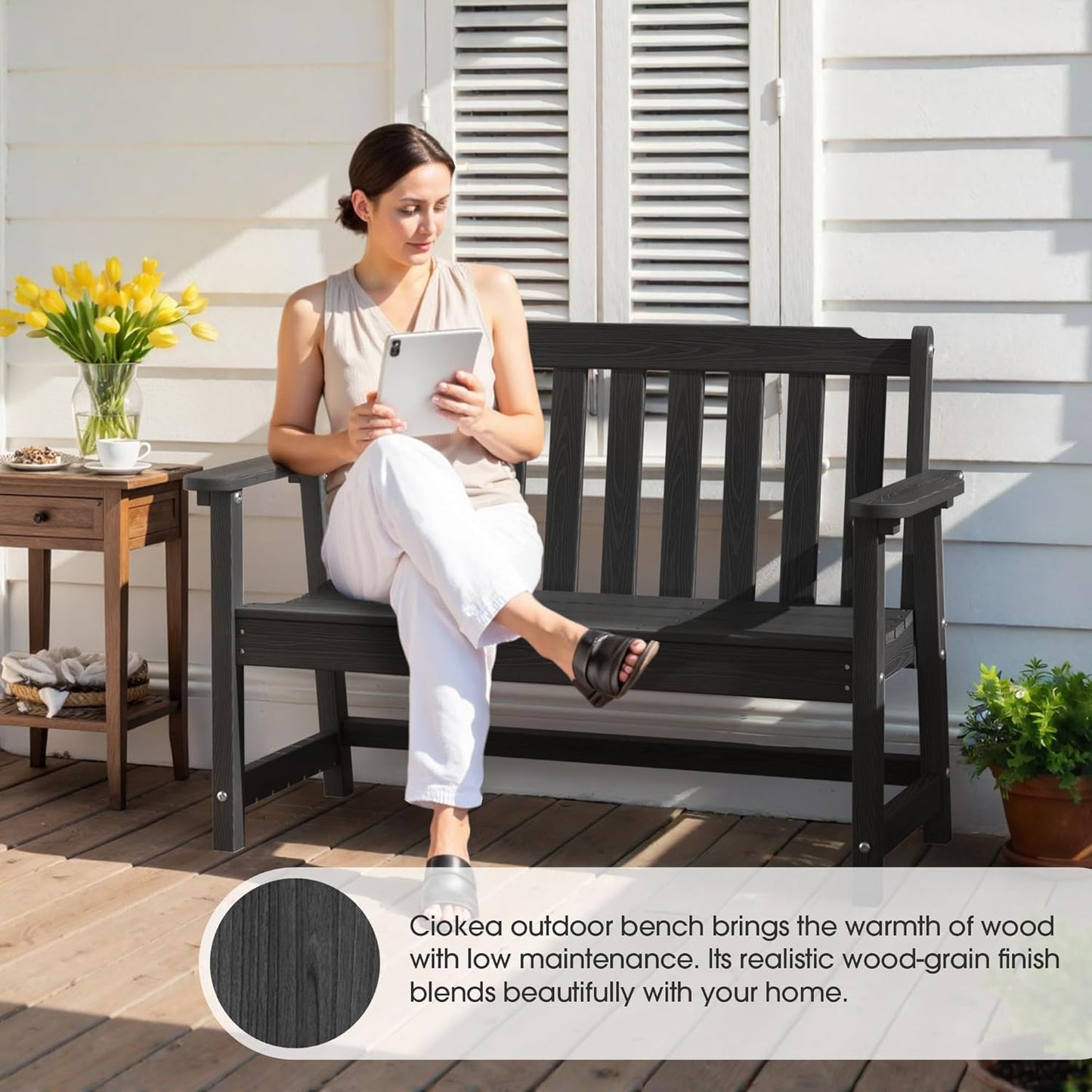 Ciokea 46" Heavy Duty Outdoor Bench, HDPE Weatherproof Garden Benches, Durable 2-Person Porch Benches with 660 Lbs, Waterproof Patio Bench for Outside Balcony Deck Backyard, Black