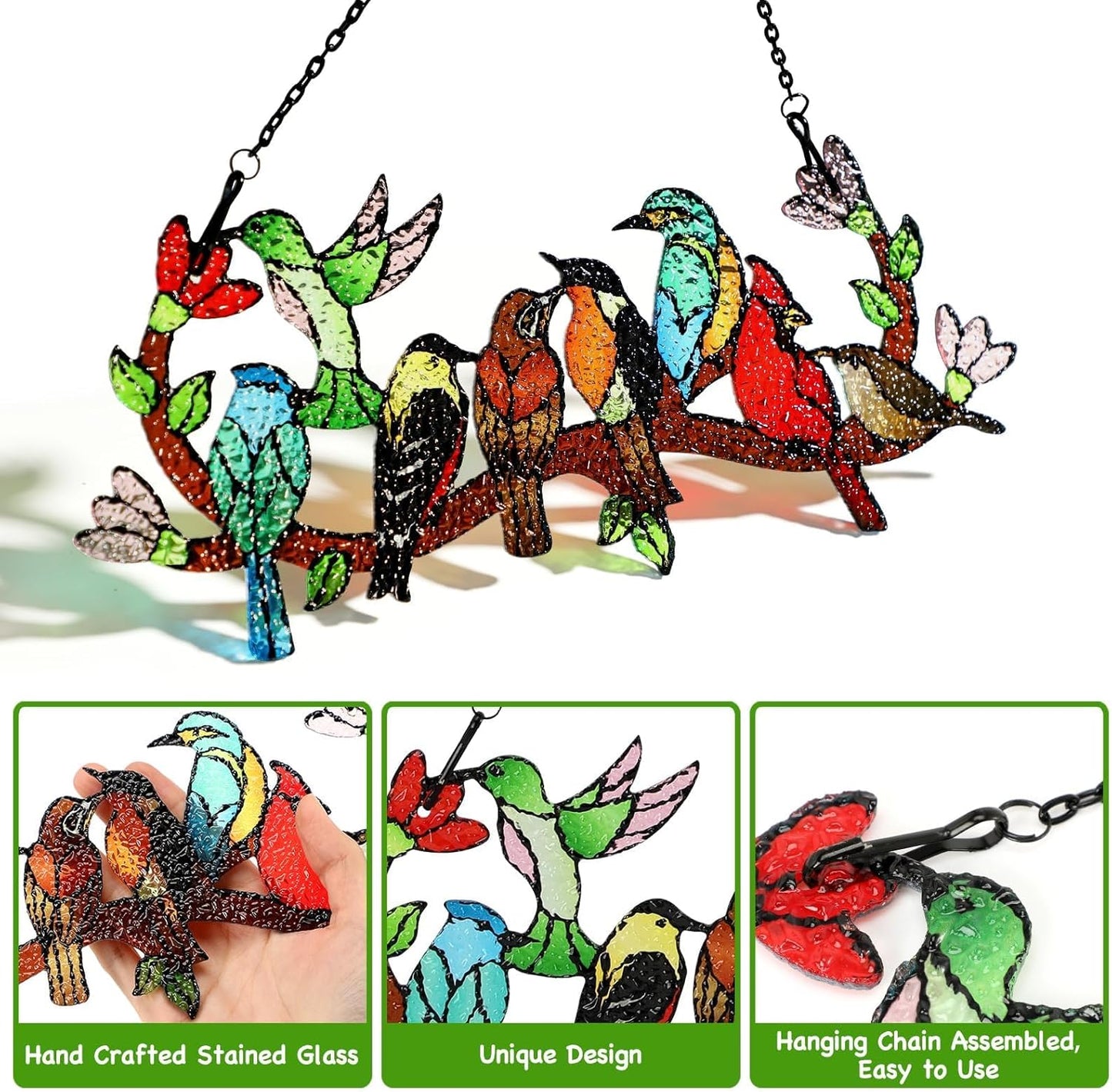 Huray Rayho Birds On Branch Stained Glass Suncatcher Cardinal Hummingbird Kingfisher Double Side Glass Panel Window Hanging Decor Bird Ornament Bird Lover Gift for Mom Grandma