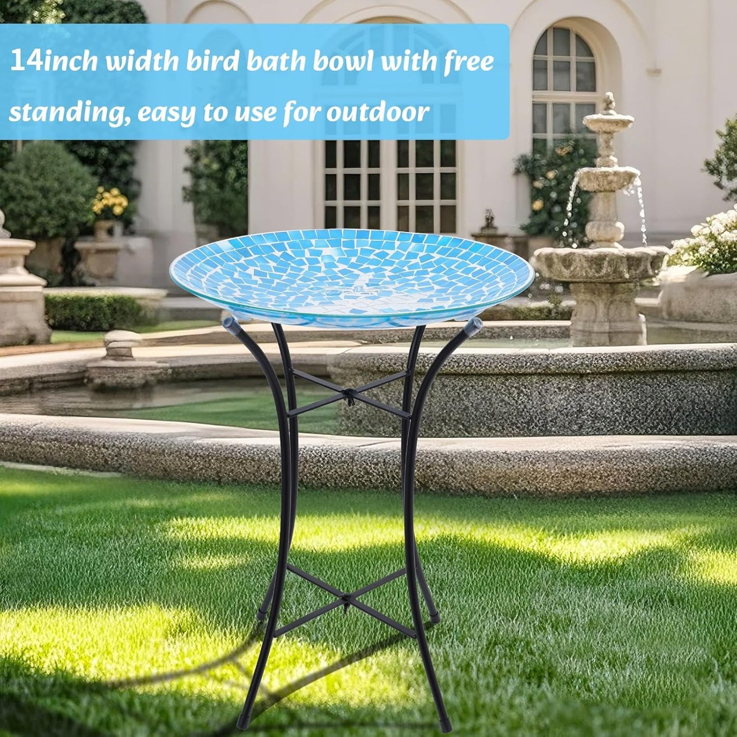 MUMTOP Mosaic Glass Bird Baths, 14 Inch Width Outdoor Garden Dragonfly Bird Bath Bowl with Metal Stand, Unique Glass Birdbaths Bird Feeder for Yard Decor, 19.68 Inch Height