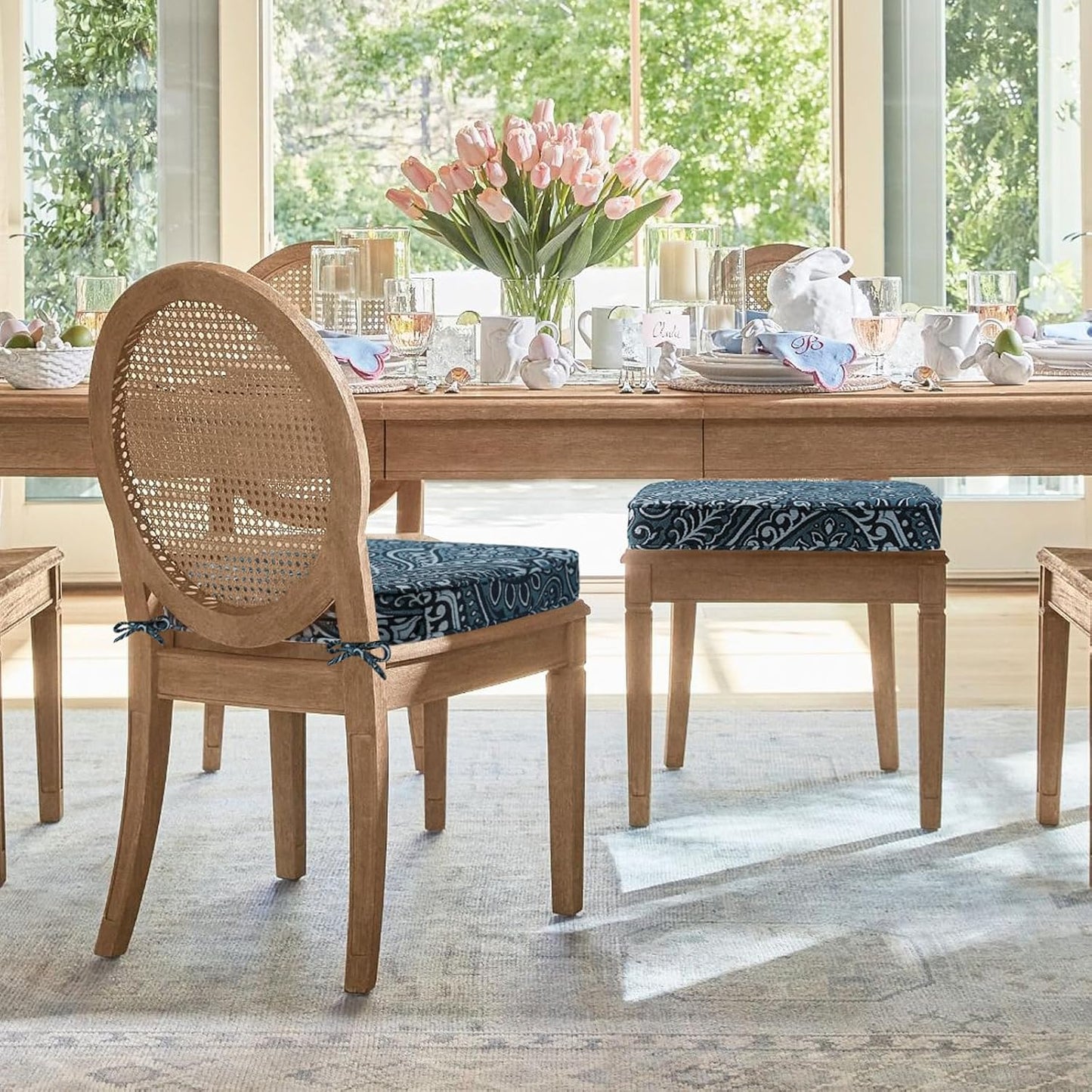 Outdoor Round Corner Seat Cushion, 17"x16"x2", Set of 4, Non Slip Seat Cushion Pads with Removable Cover for Patio Furniture, Garden Yard Lawn, Damask Vine