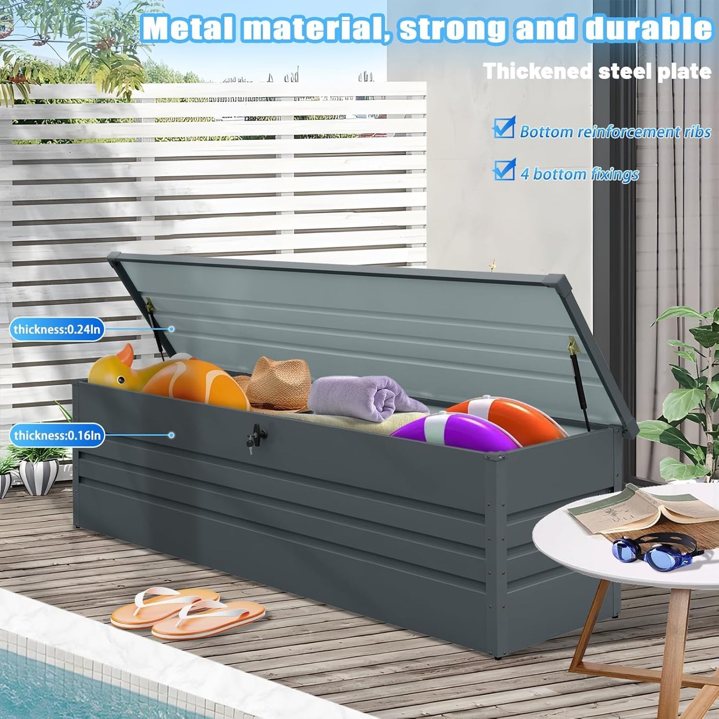 260 Gallon Metal Outdoor Storage Box Waterproof, Extra Large Deck Box and Patio Cushion Box for Storing Gardening Tools, Pool Supplies, Black
