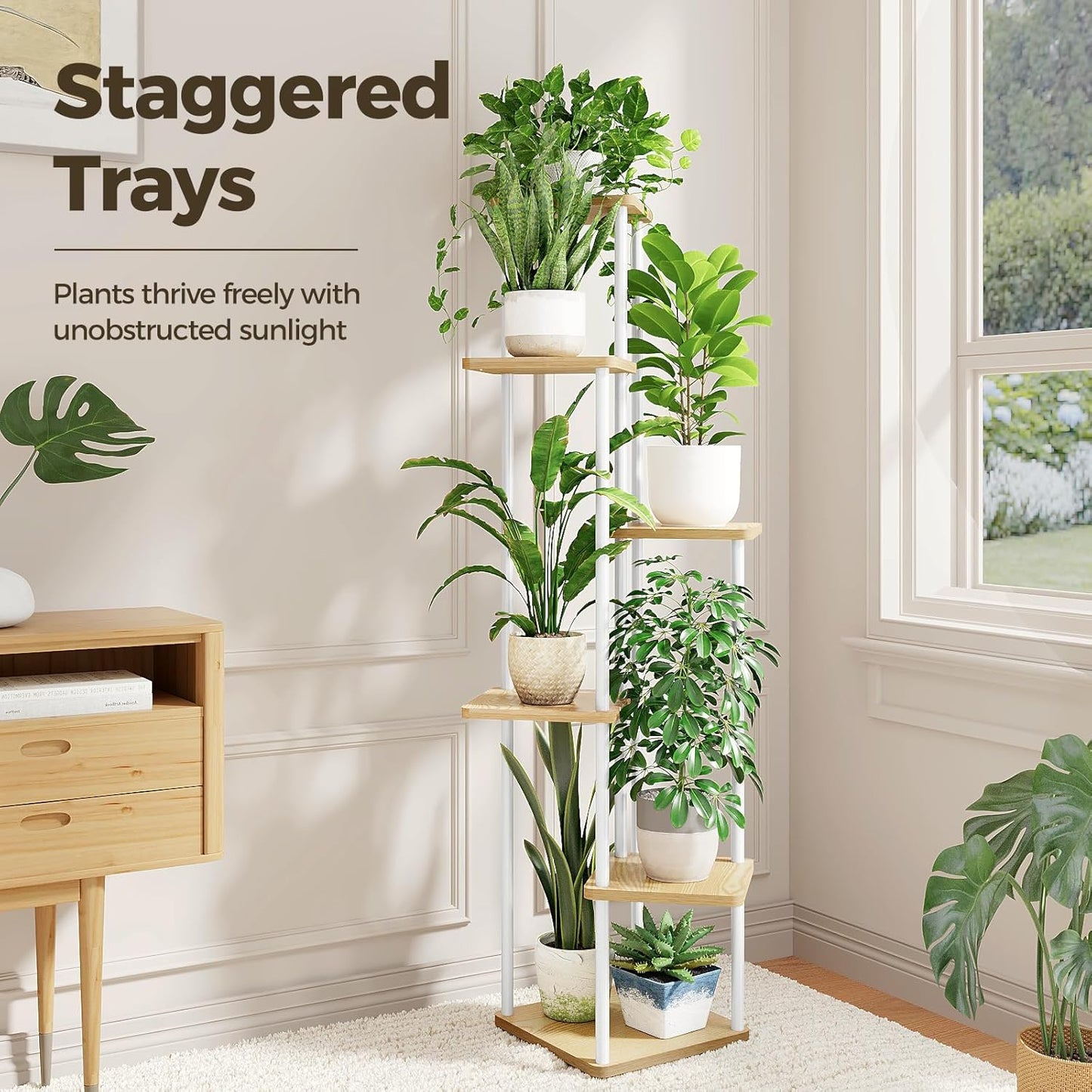 Bamworld Tall Plant Stand Indoor 6 Tier Metal Plant Shelf for Large Plants Corner Tiered Flower Stand for Patio Garden Balcony Living Room Bedroom White