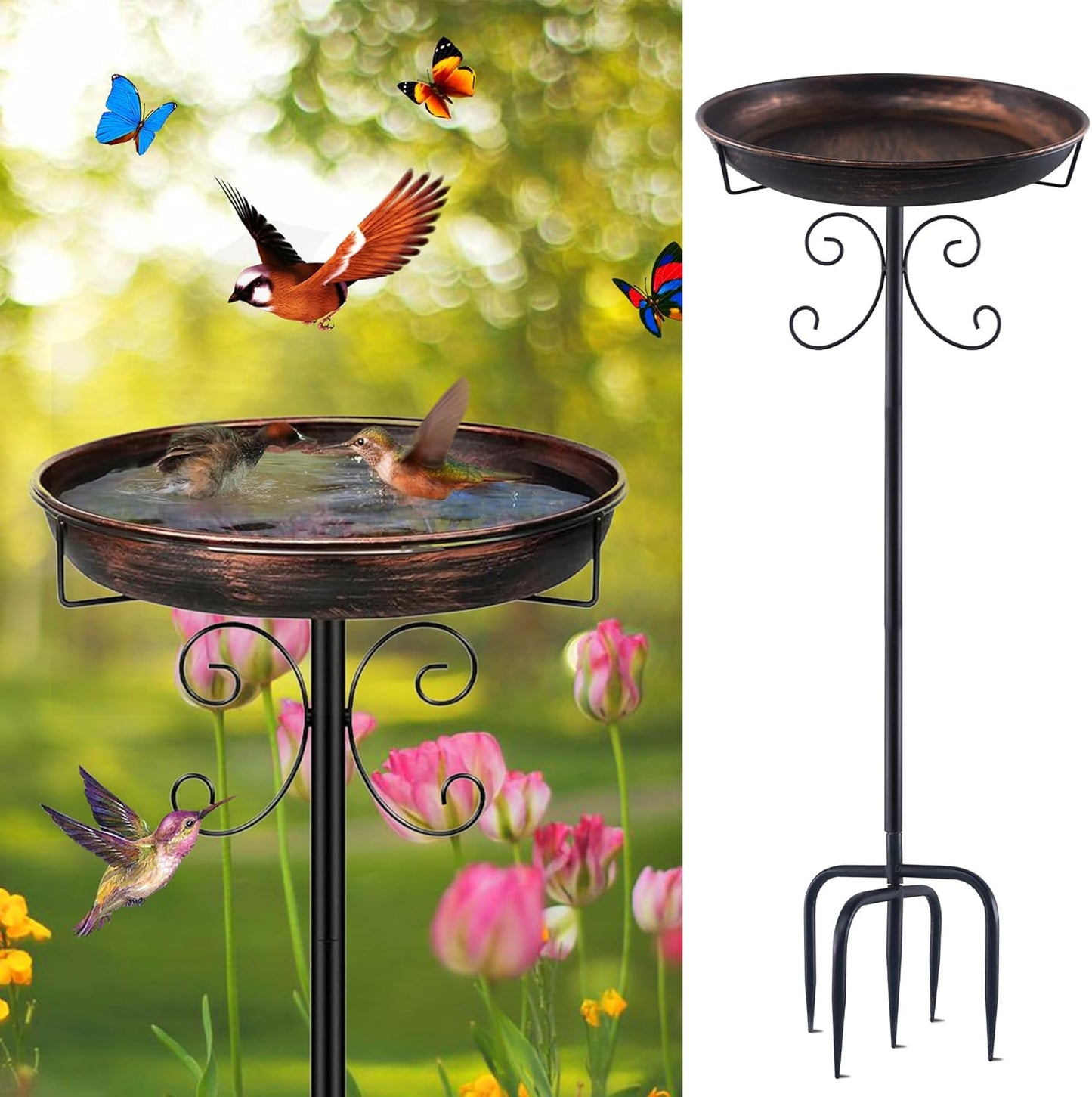 35In Metal Bird Bath for Outside, Garden Bird Bath with 5-Pronged Base, Vintage Freestanding Birdbath and Birdfeeder for Outdoor, Baths Feeder Bowl for Outdoors Garden Patio Yard Lawn Decor
