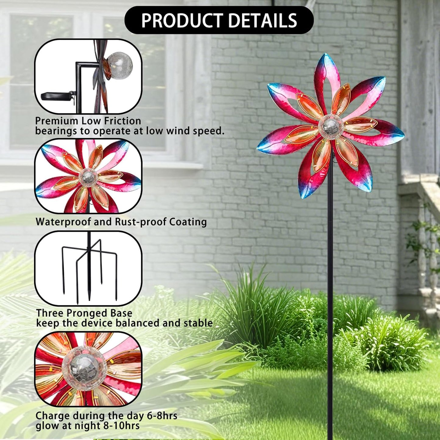 WONDER GARDEN Wind Spinners for Yard and Garden-Solar Wind Spinner - 5.2 FT Wind Sculptures & Spinners Windmill with LED Light Glass Ball for Garden Patio Outdoor Decor