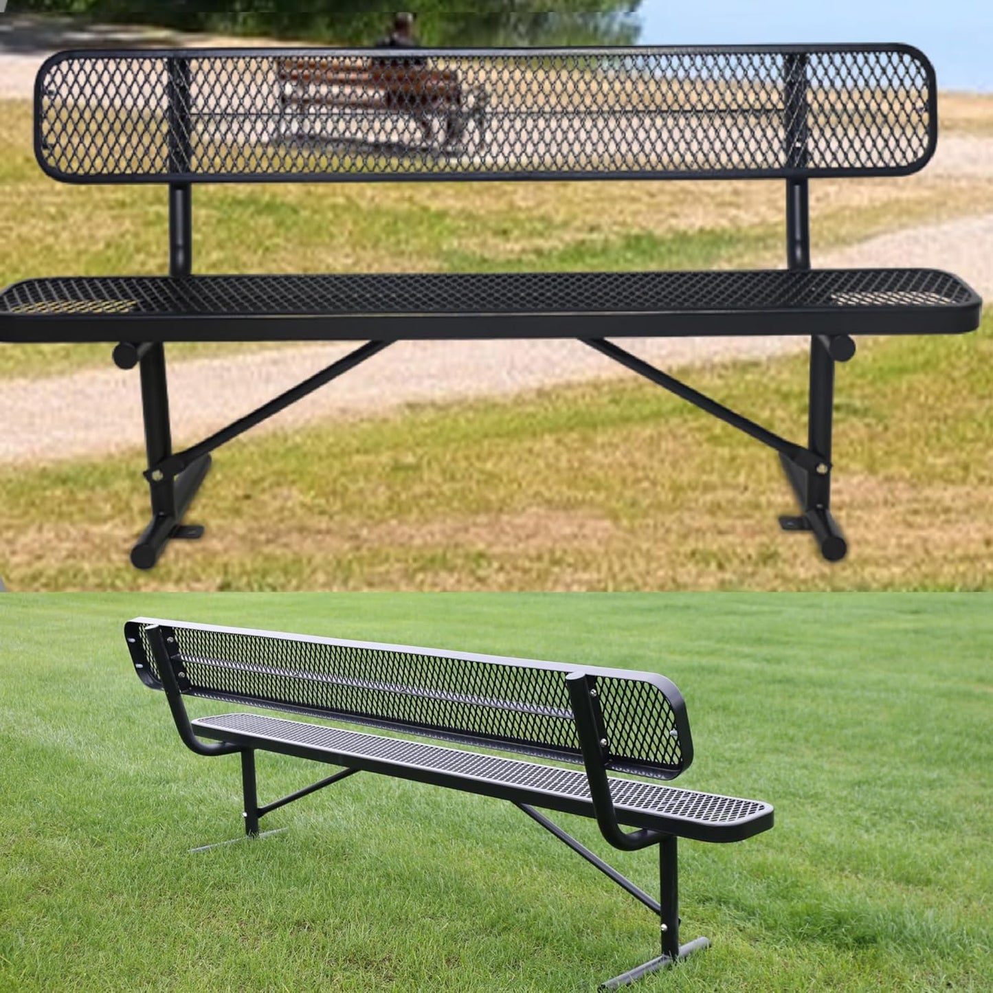 8FT Outdoor Bench Metal Park Bench with Backrest, Heavy-Duty Expanded Picnic Bench Steel Mesh Portable Seating Patio Bench for Garden, Porch, Park,School,Road Sports