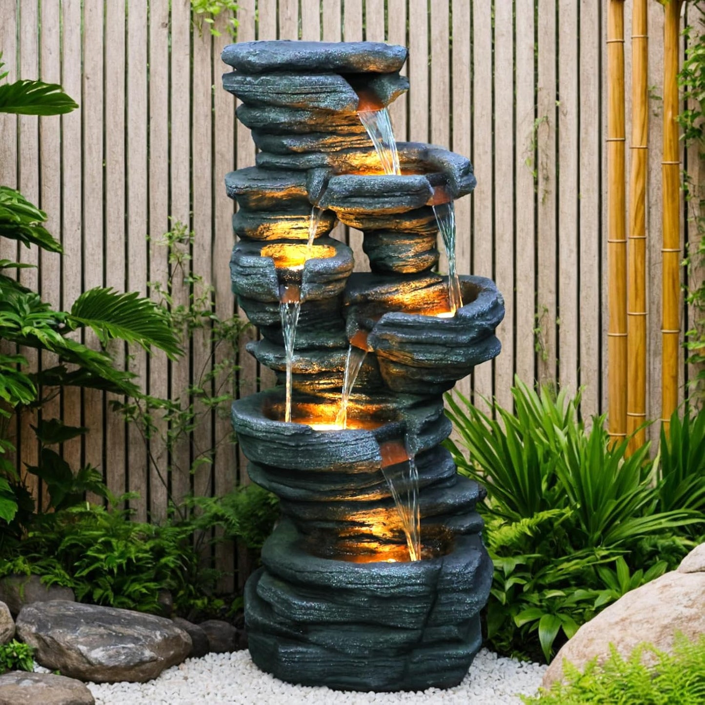 42.5" H Garden Outdoor Water Fountain with LED Lights & Pump, Mutiply-Tier Cascading Outdoor Fountain for Garden,Patio,Porch,Backyard,Home Art Decor