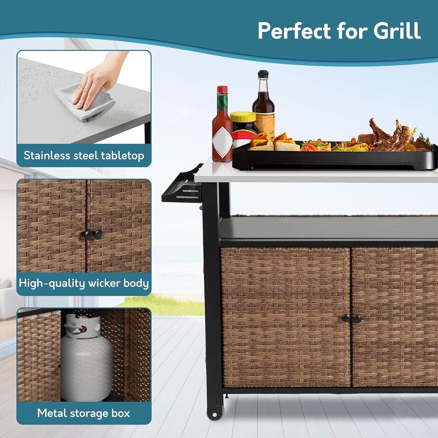 Grill Cart Outdoor with Wheels, Outdoor Prep Table with Wicker Storage and Rolling Wheels, Kitchen Island Serving Cart with Stainless Steel Table Top for BBQ, Porch, Patio, Brown